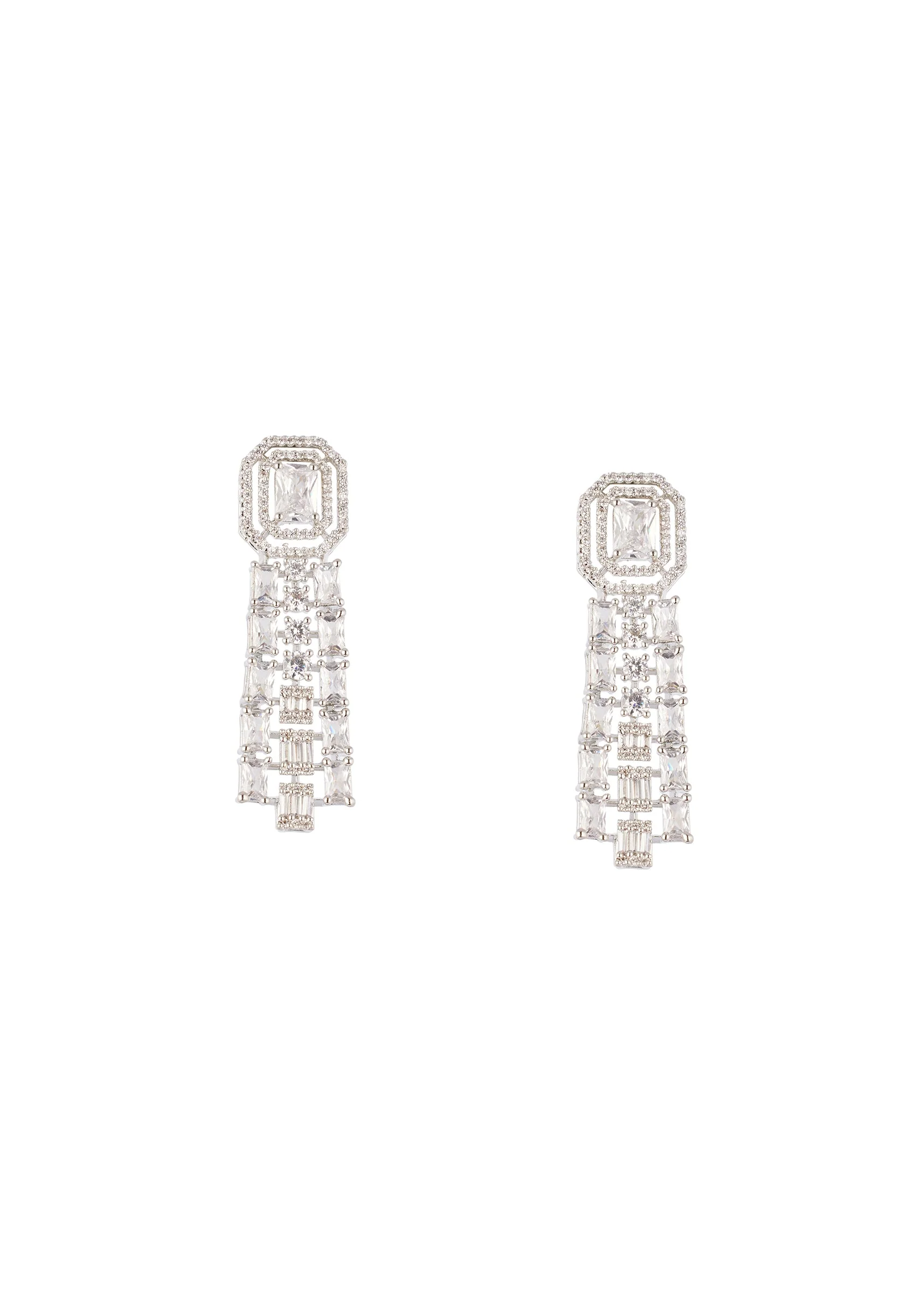 Silver Finish Art Deco Inspired Earrings With Baguette Style Accents - Image 2