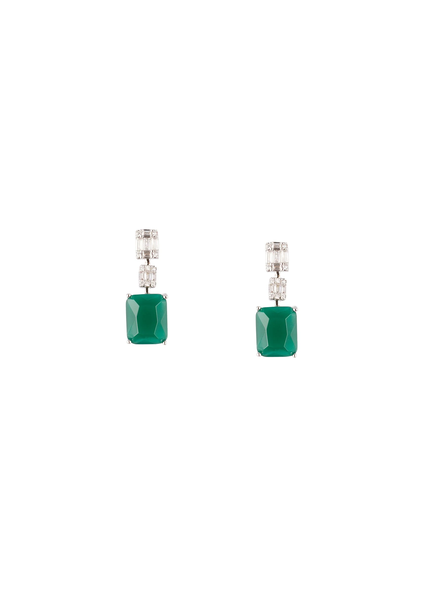 Silver Finish Earrings In Mix Metal With Large Green Emerald Style Stone - Image 2