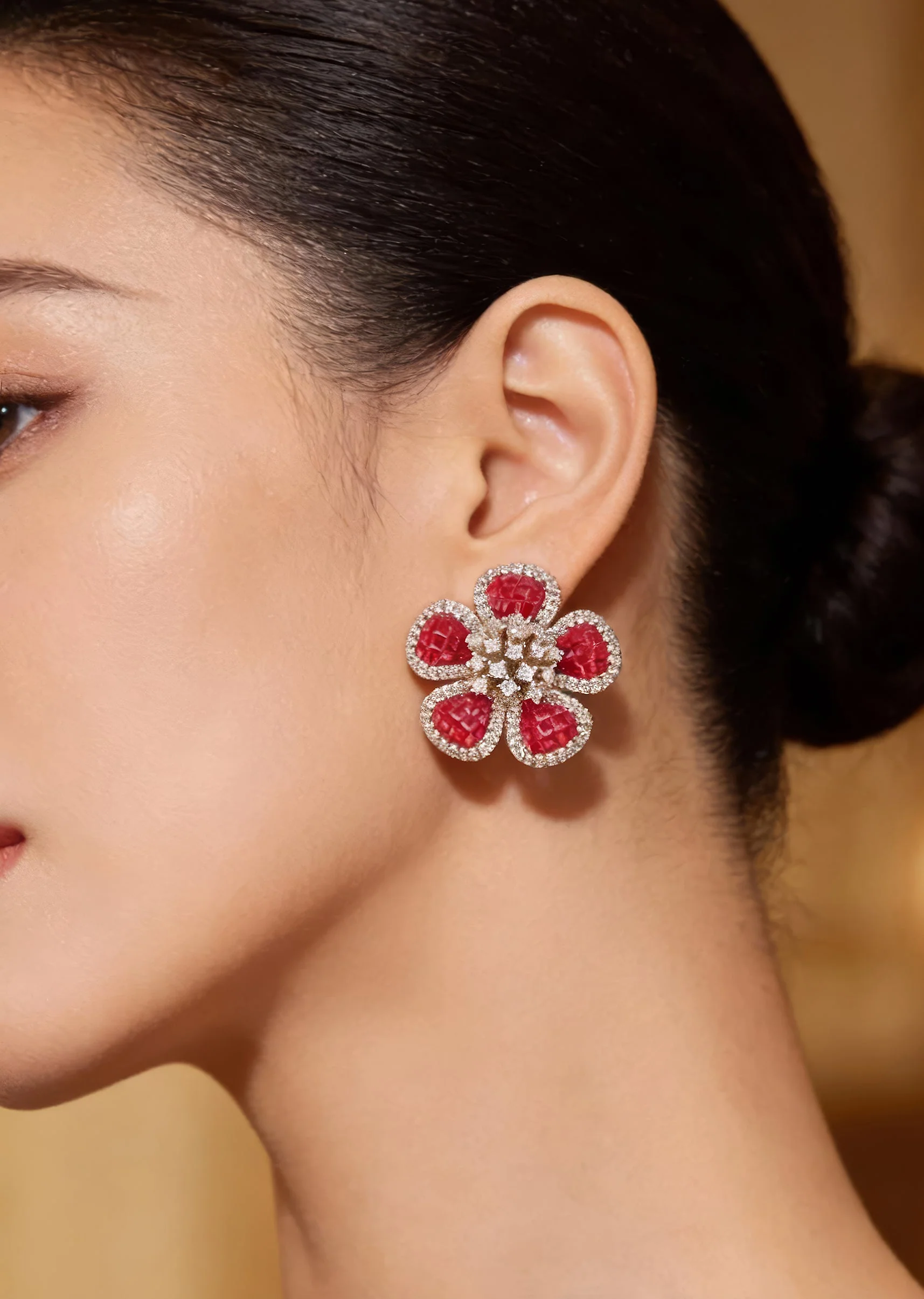 Silver Finish Floral Cluster Stud Earrings With Red Simulated Mystery Set Stones and Clear Accents
