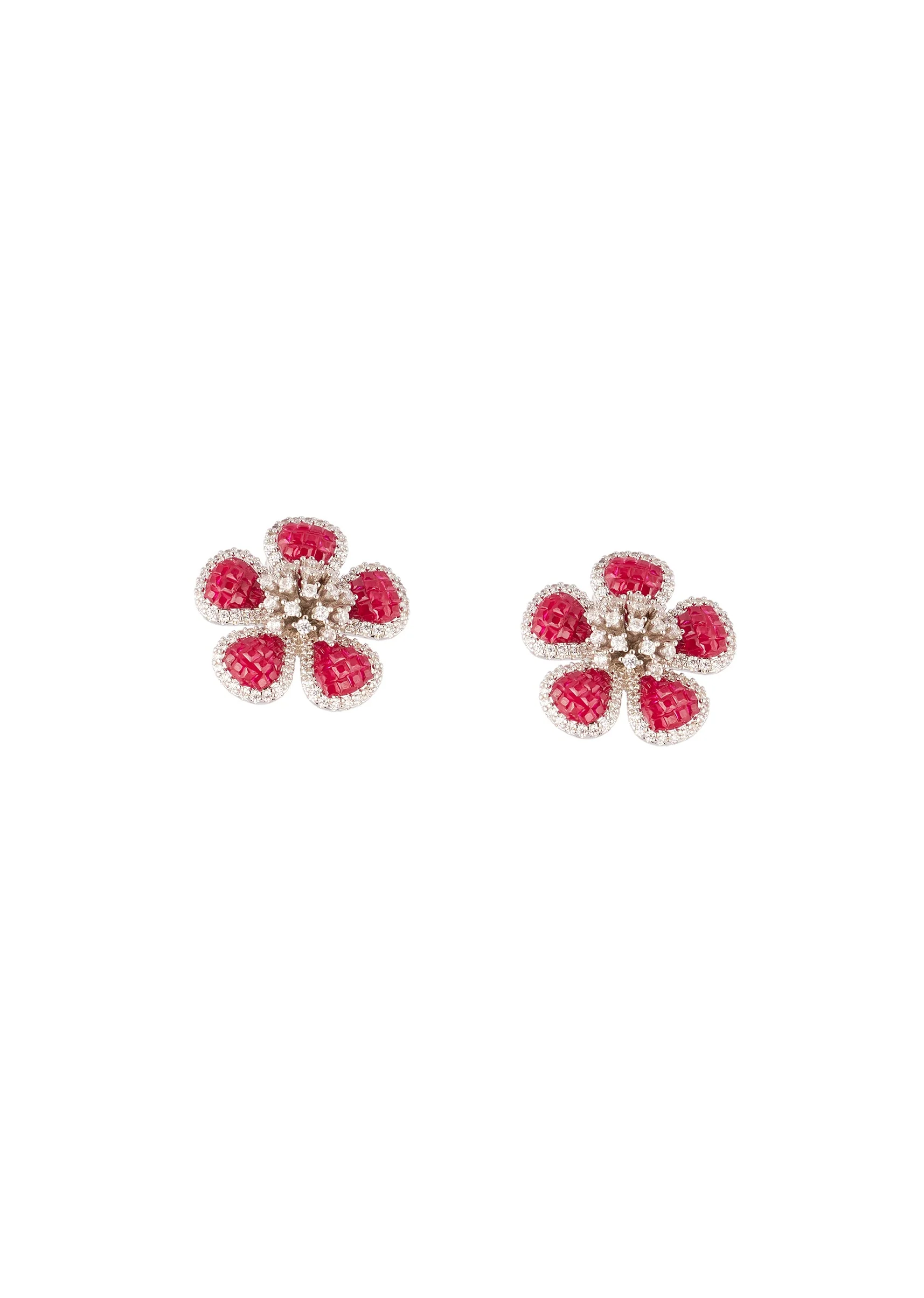 Silver Finish Floral Cluster Stud Earrings With Red Simulated Mystery Set Stones and Clear Accents - Image 2
