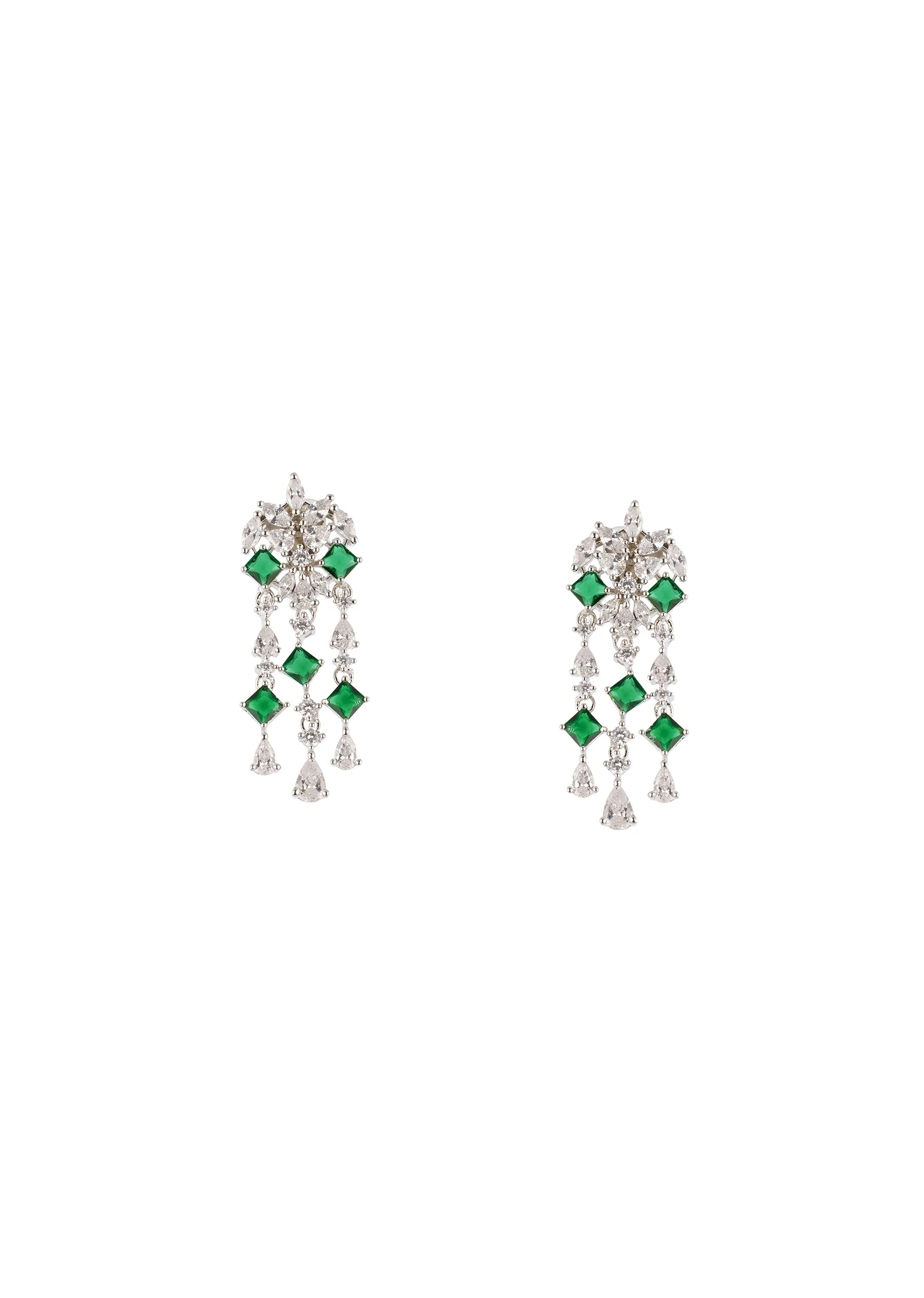 Silver Finish Necklace Set In Mix Metal With Modern Fringe Style And Green Simulated Emerald And Cubic Zirconia Accents - Image 3