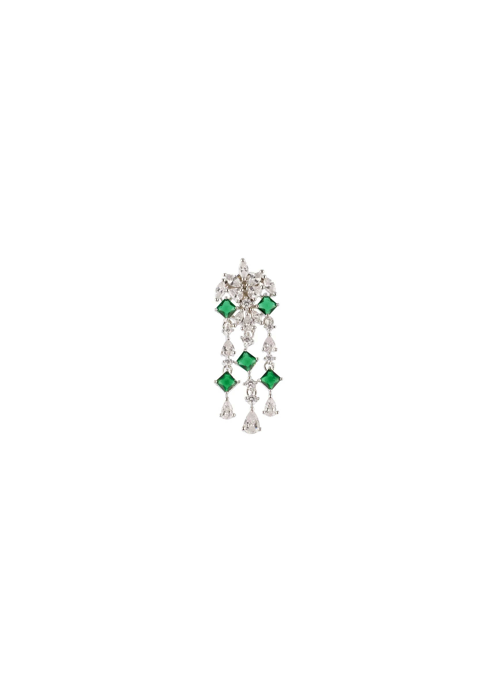 Silver Finish Necklace Set In Mix Metal With Modern Fringe Style And Green Simulated Emerald And Cubic Zirconia Accents - Image 4