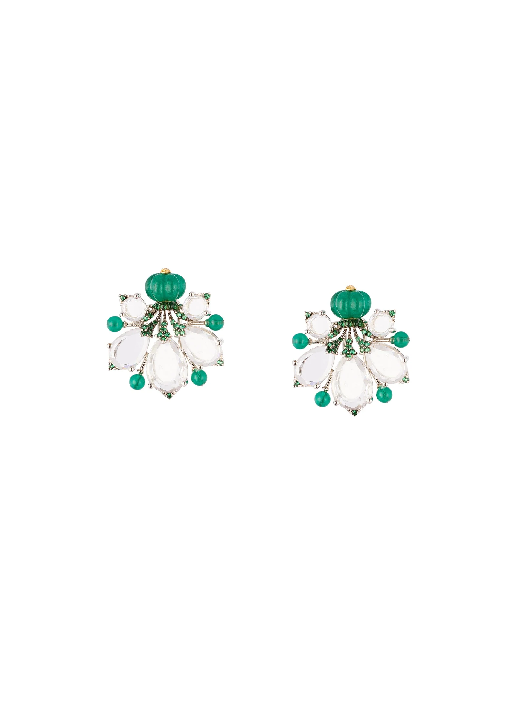 Silver Finish Whimsical Floral Stud Earrings With Green Carved Stone and Clear Pear Cut Simulated Stones - Image 2