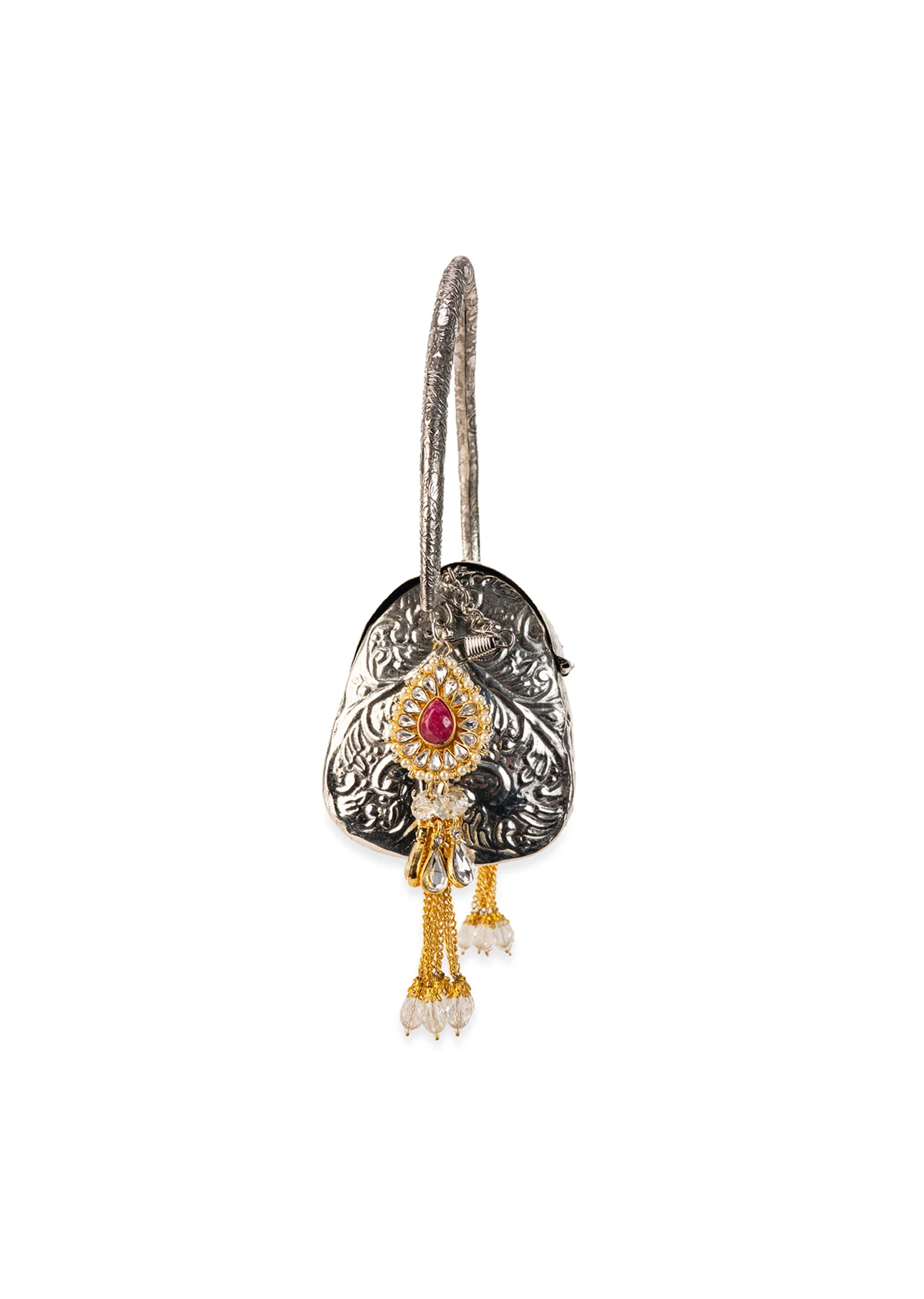 Silver Floral Embossed Textured Metal Bag - Image 4