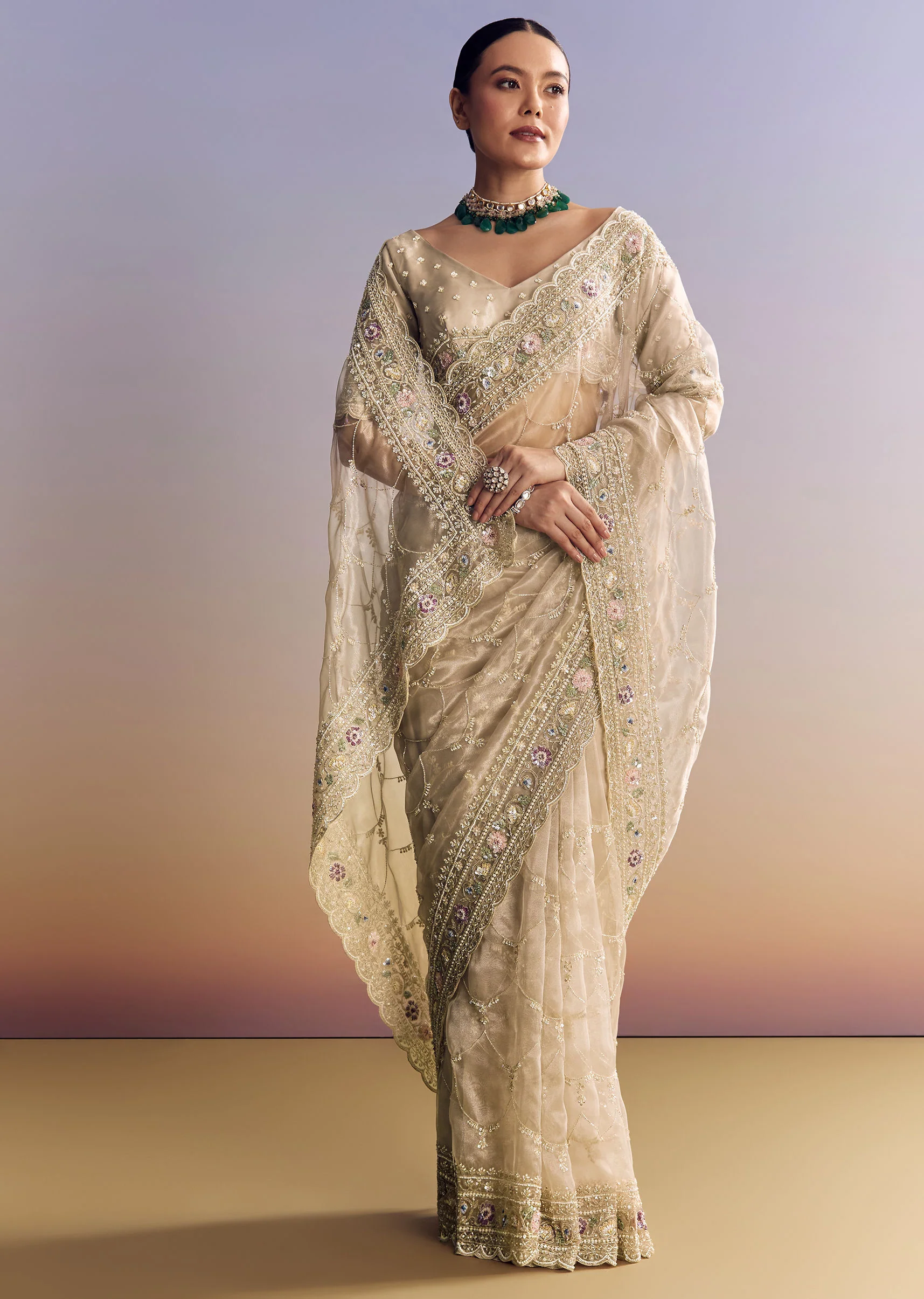 Silver Glass Tissue Saree With Jaal Work And Multicolor Sequin Embroidery - Image 5