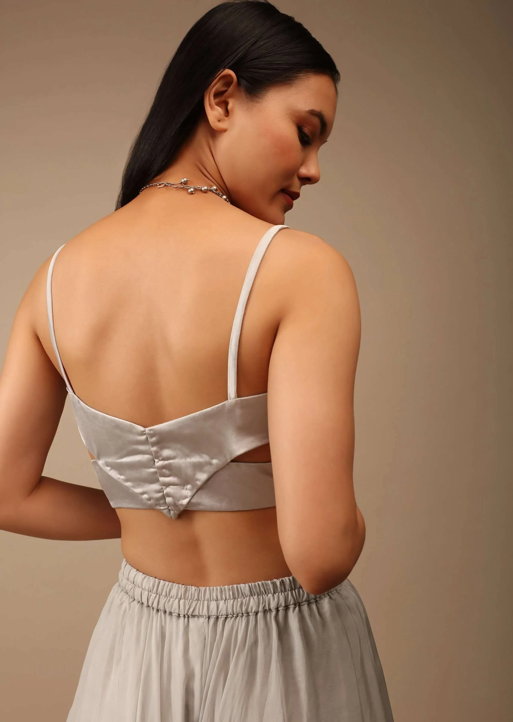 Silver Grey Blouse In Satin With A Wrap Around Design And Side Cut Outs - Image 2