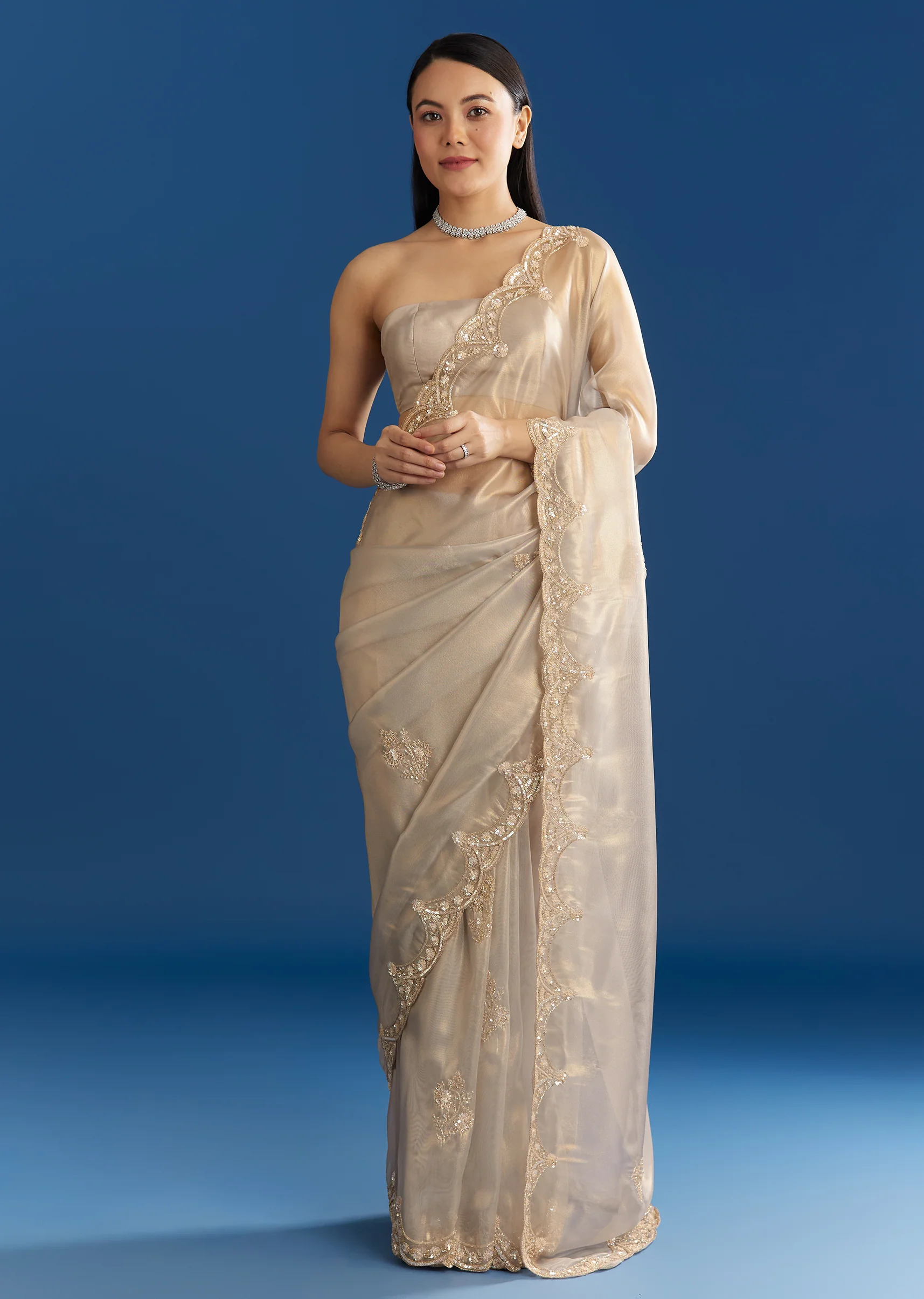 Silver Organza Tissue Saree With Sparkling Border - Image 3