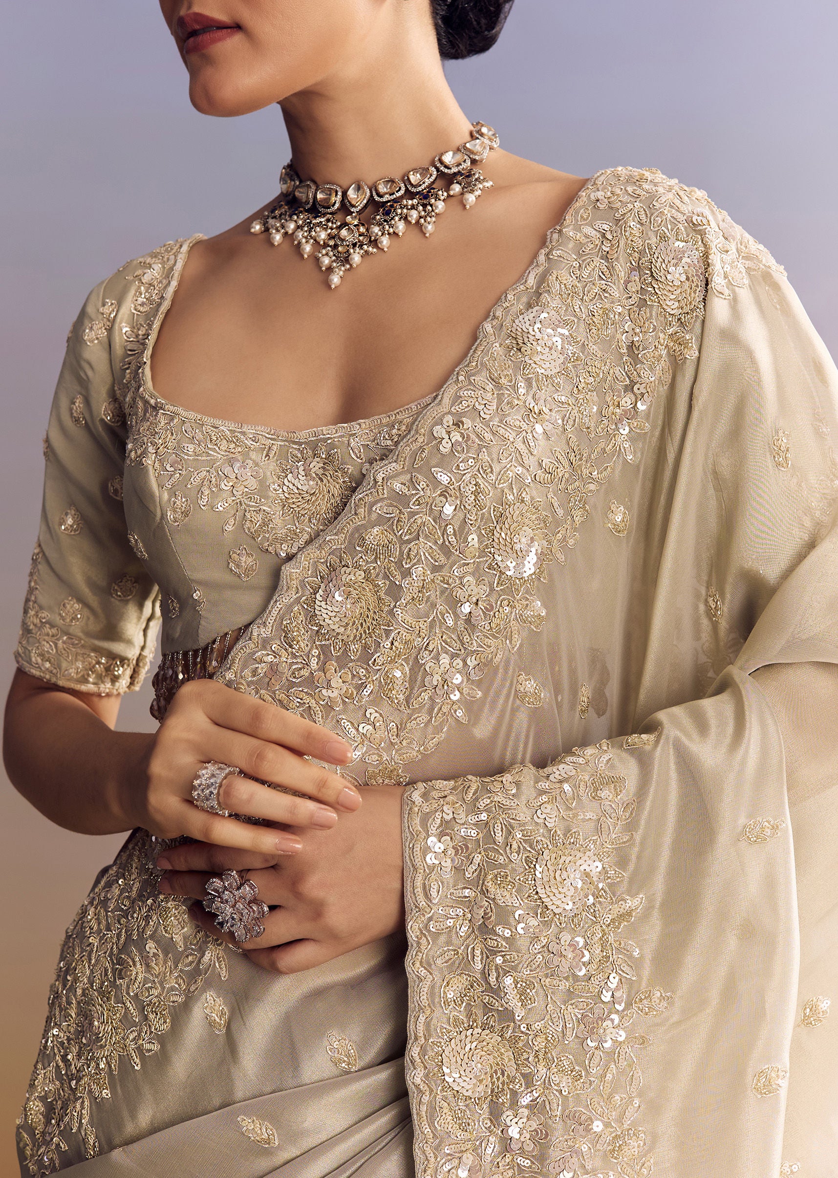 Silver Tissue Saree Embellished With Beads And Sequins - Image 3