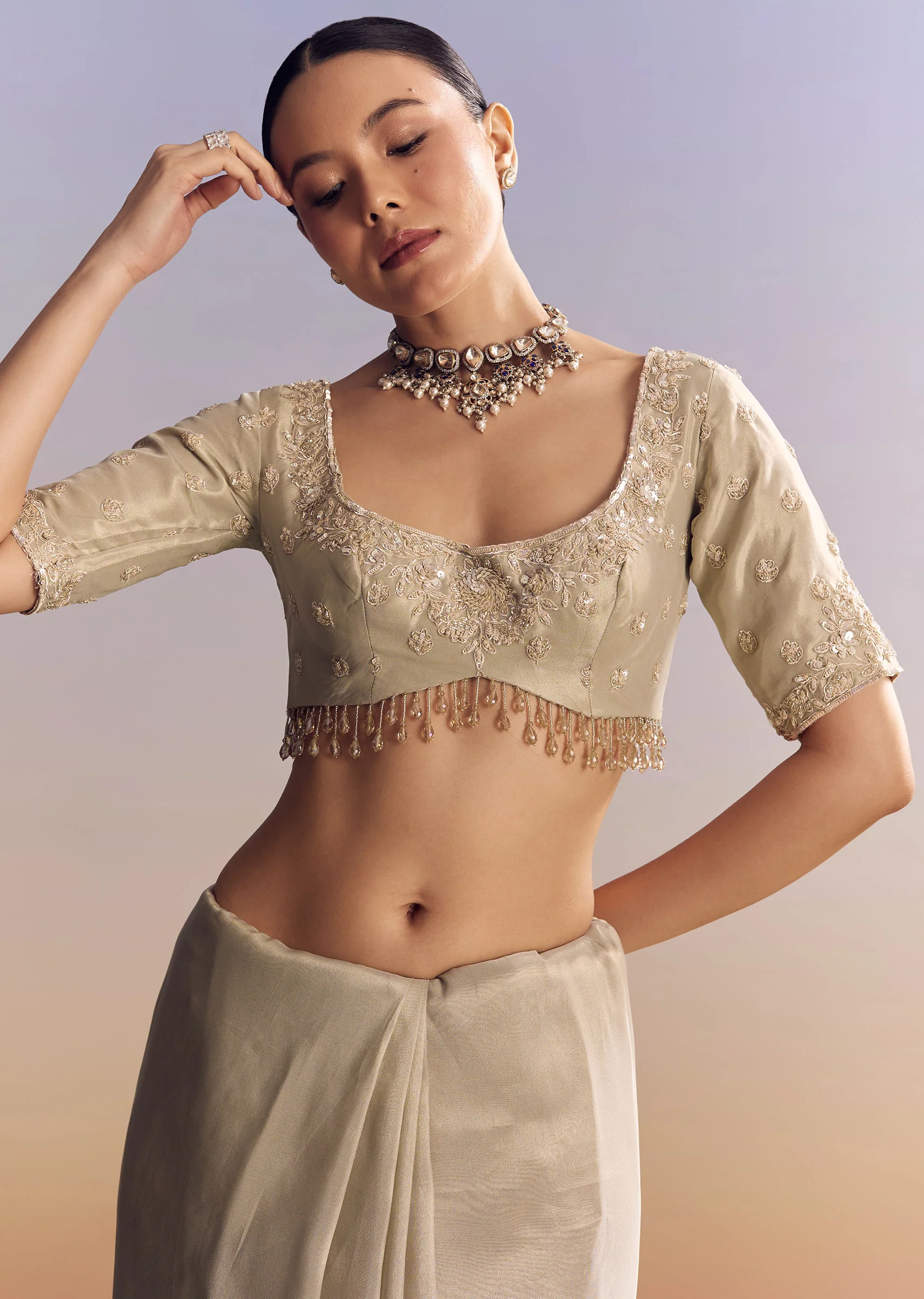 Silver Tissue Saree Embellished With Beads And Sequins - Image 7