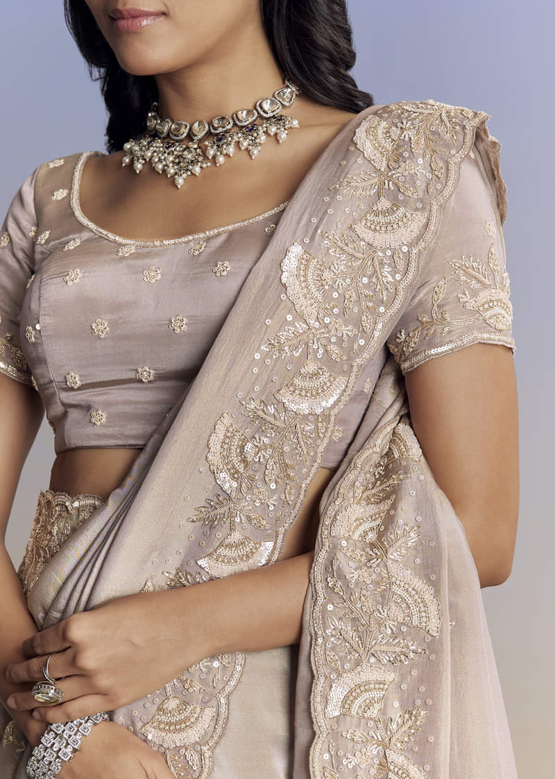 Silver Tissue Saree With Embroidered Scallop Border And Sequin Moti Work - Image 3