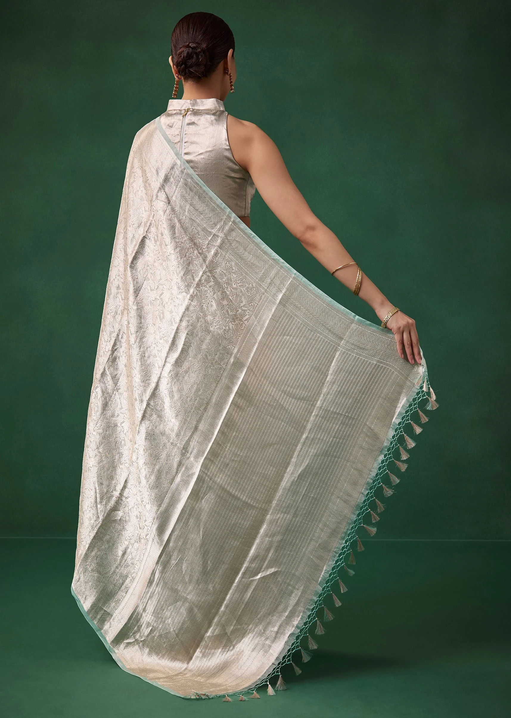 Silver Tissue Silk Jacquard Weave Saree with Unstitched Blouse - Image 4