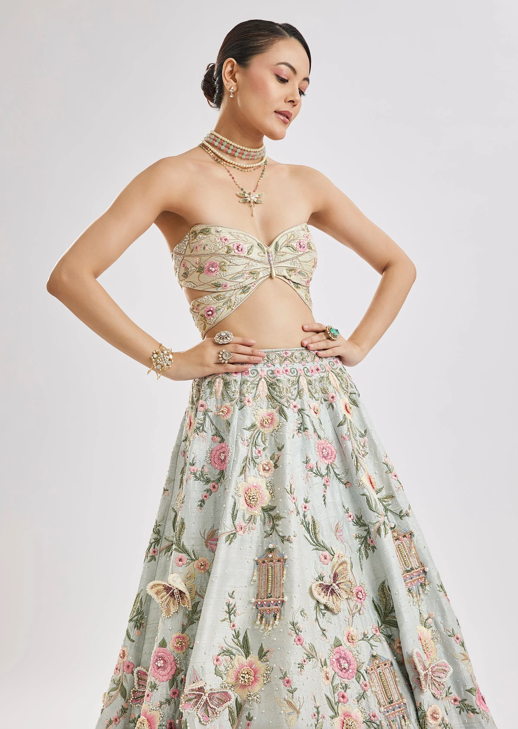 Sky Blue Butterfly Blouse Lehenga Set - Image 5
