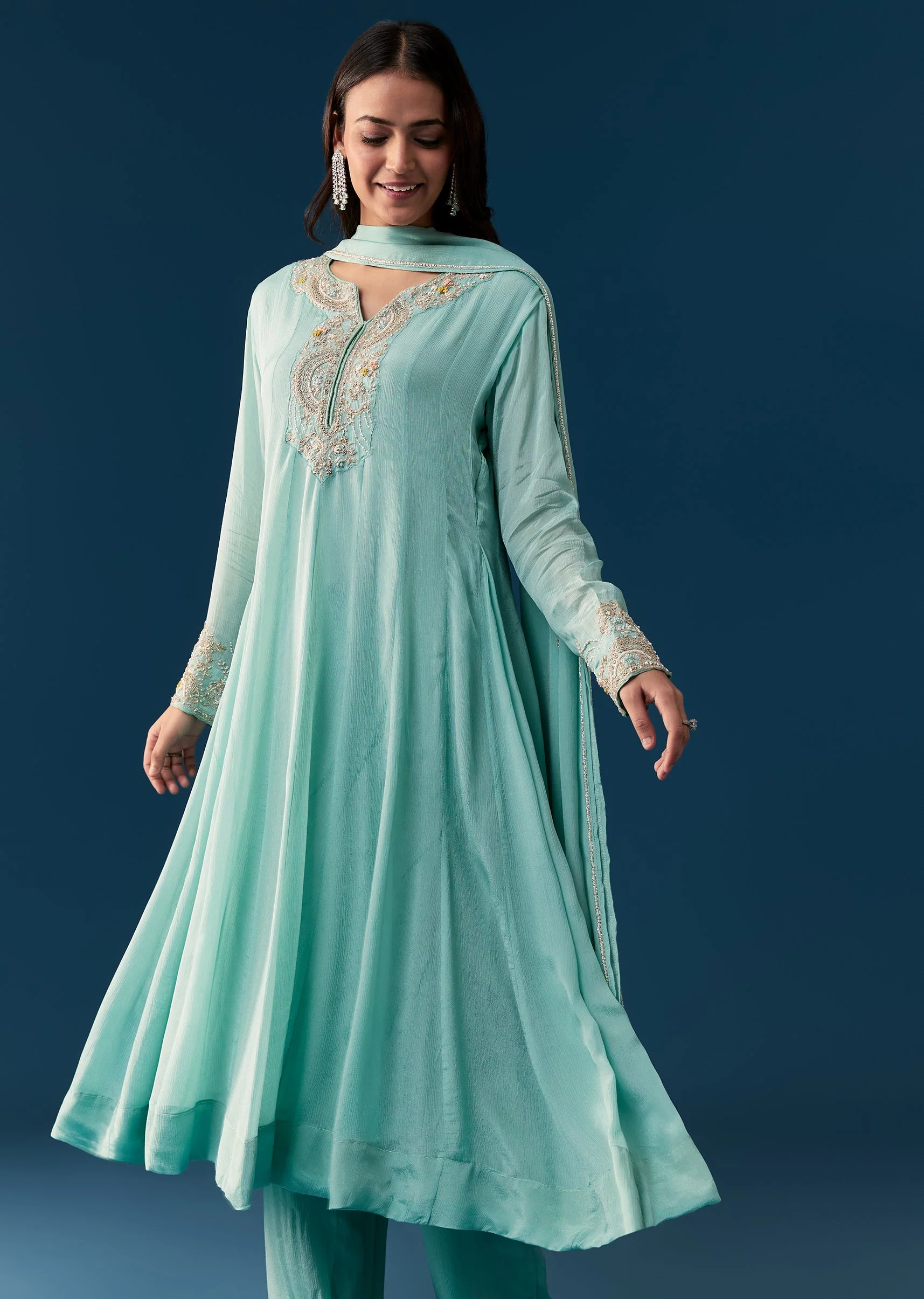 Sky Blue Chinon Anarkali Suit With Dupatta And Moti Cut Dana Work - Image 4