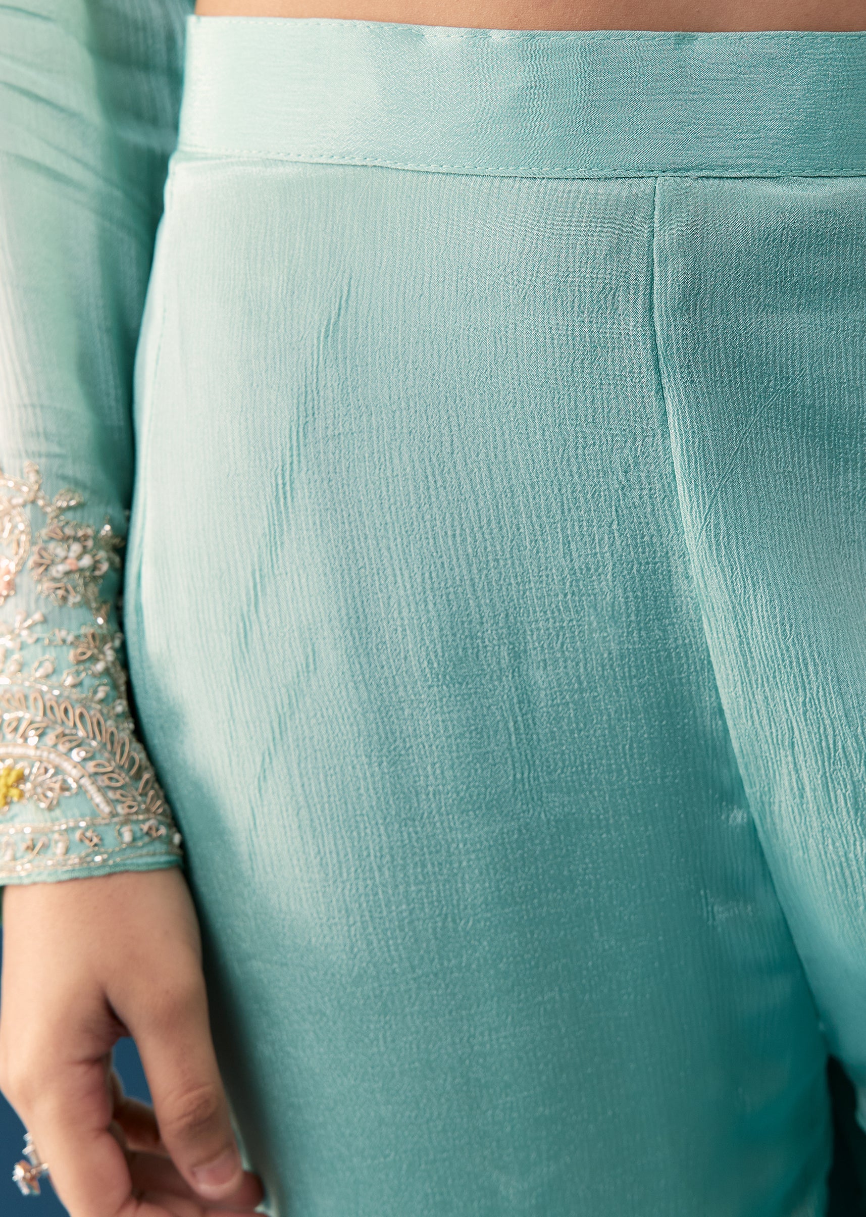Sky Blue Chinon Anarkali Suit With Dupatta And Moti Cut Dana Work - Image 6