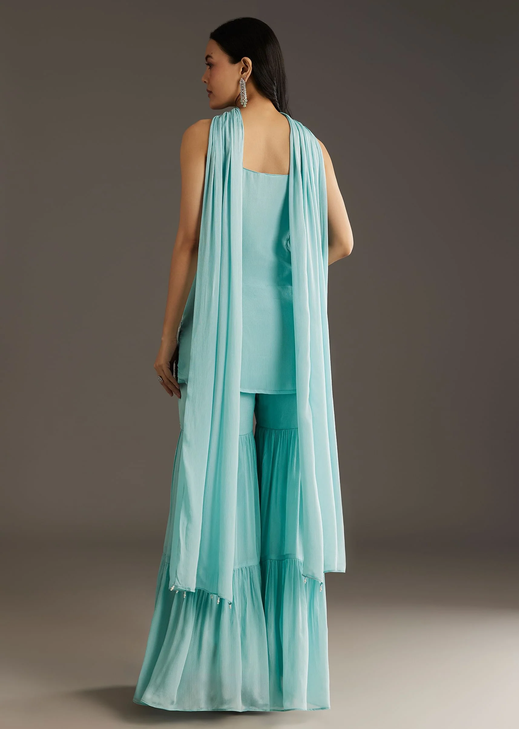 Sky Blue Chinon Sharara Suit Set With Choker Style Dupatta - Image 5