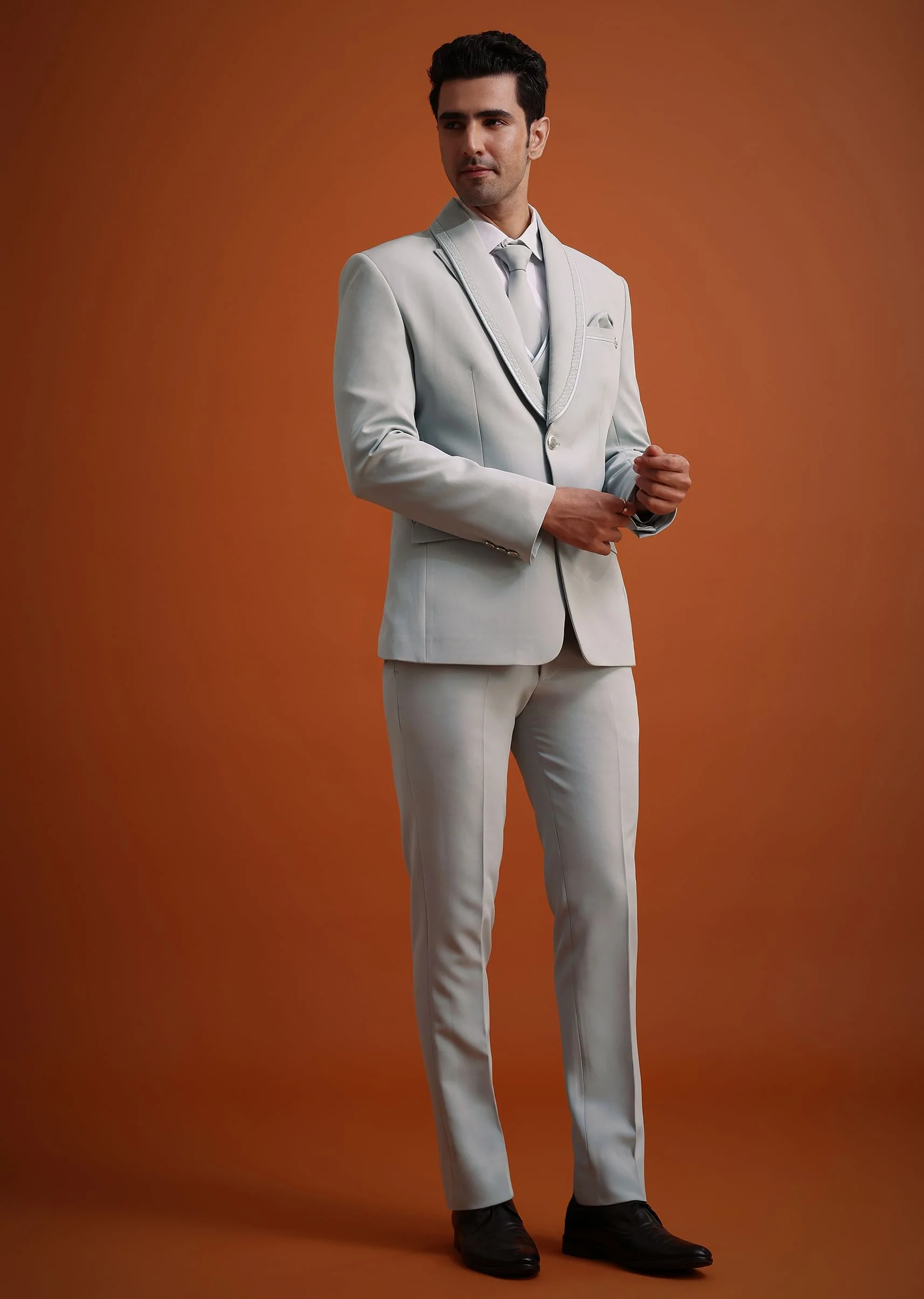 Sky Blue Cutdana Work Polyester Tuxedo And Pant Set - Image 3