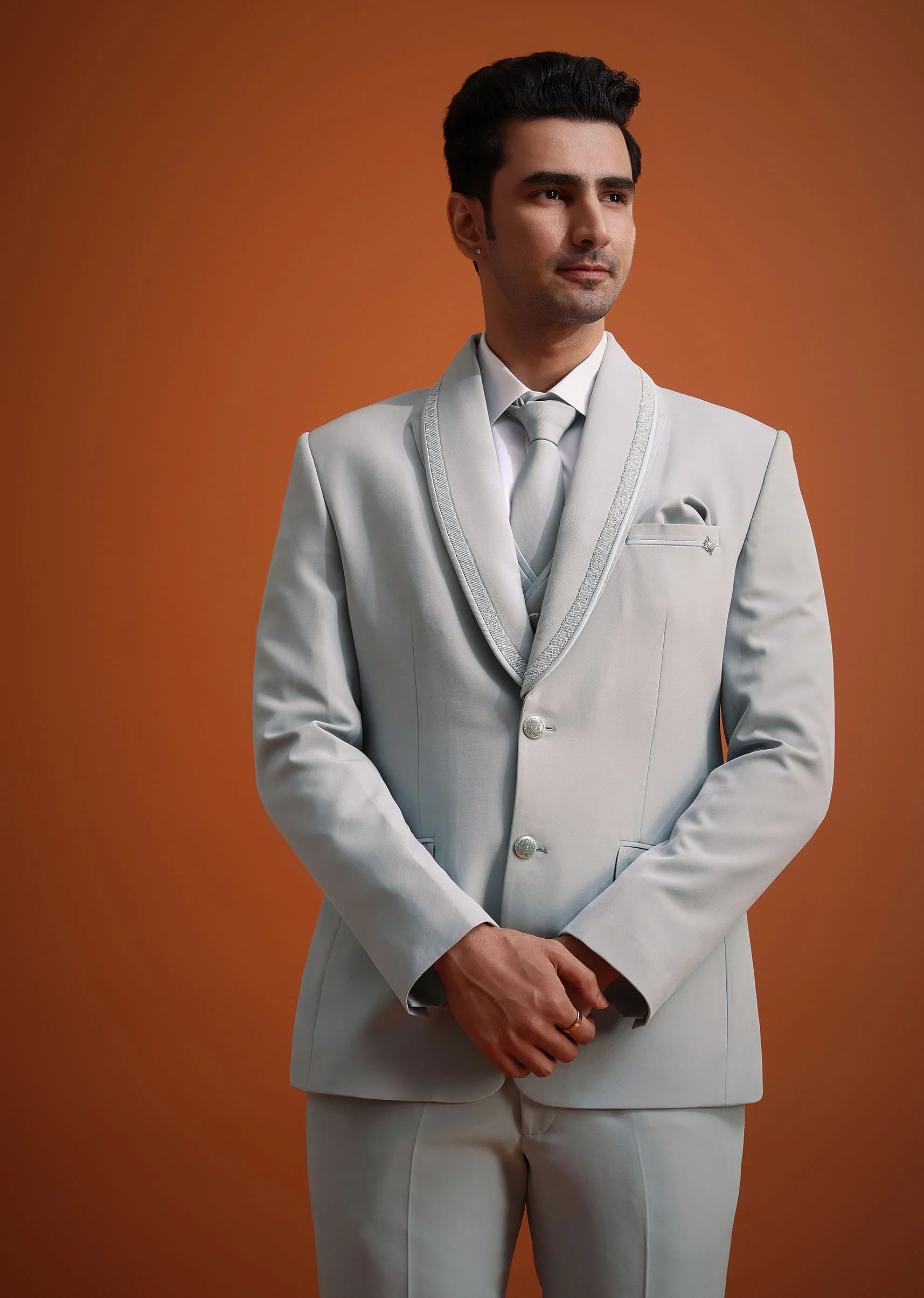 Sky Blue Cutdana Work Polyester Tuxedo And Pant Set - Image 4