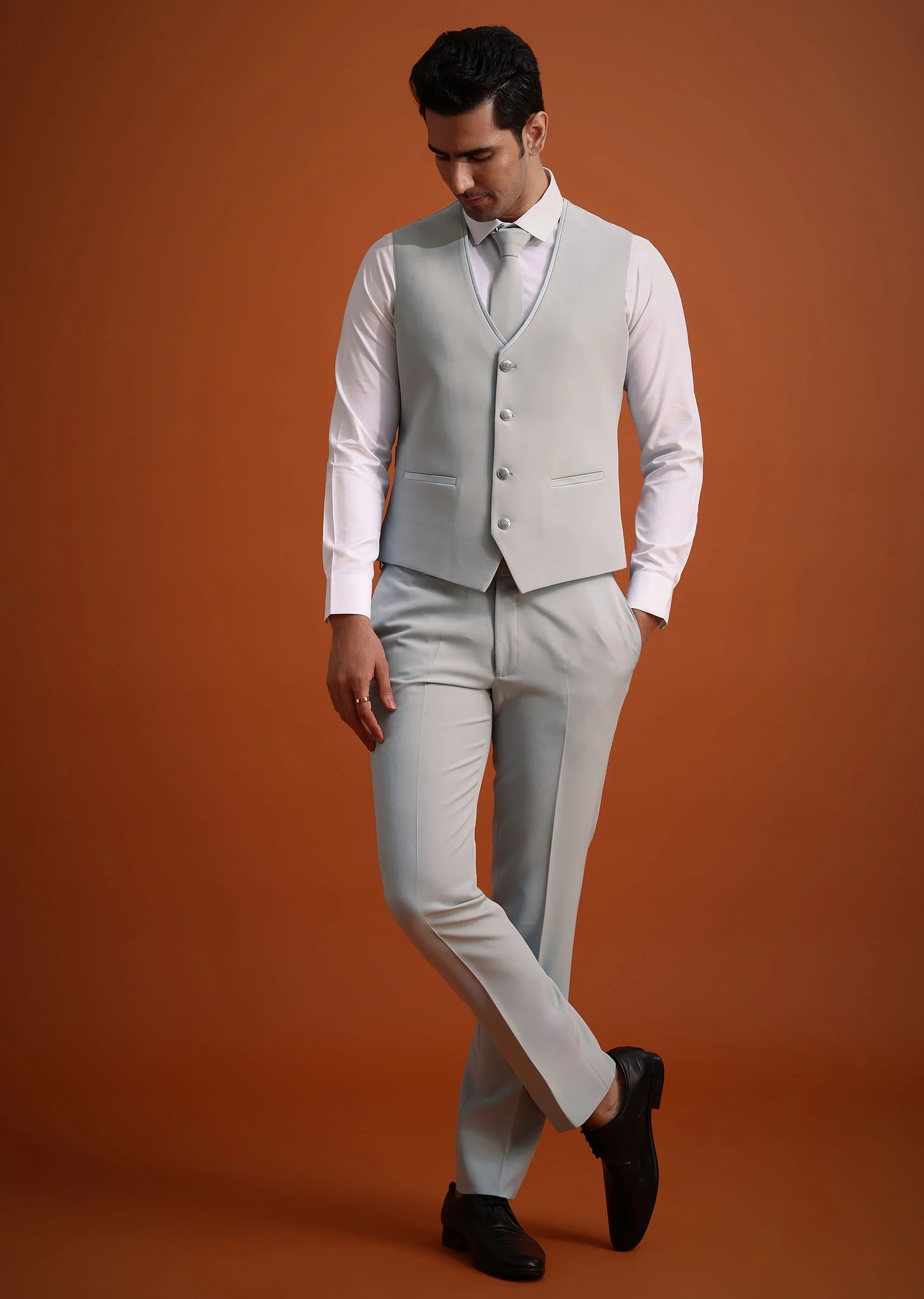 Sky Blue Cutdana Work Polyester Tuxedo And Pant Set - Image 6