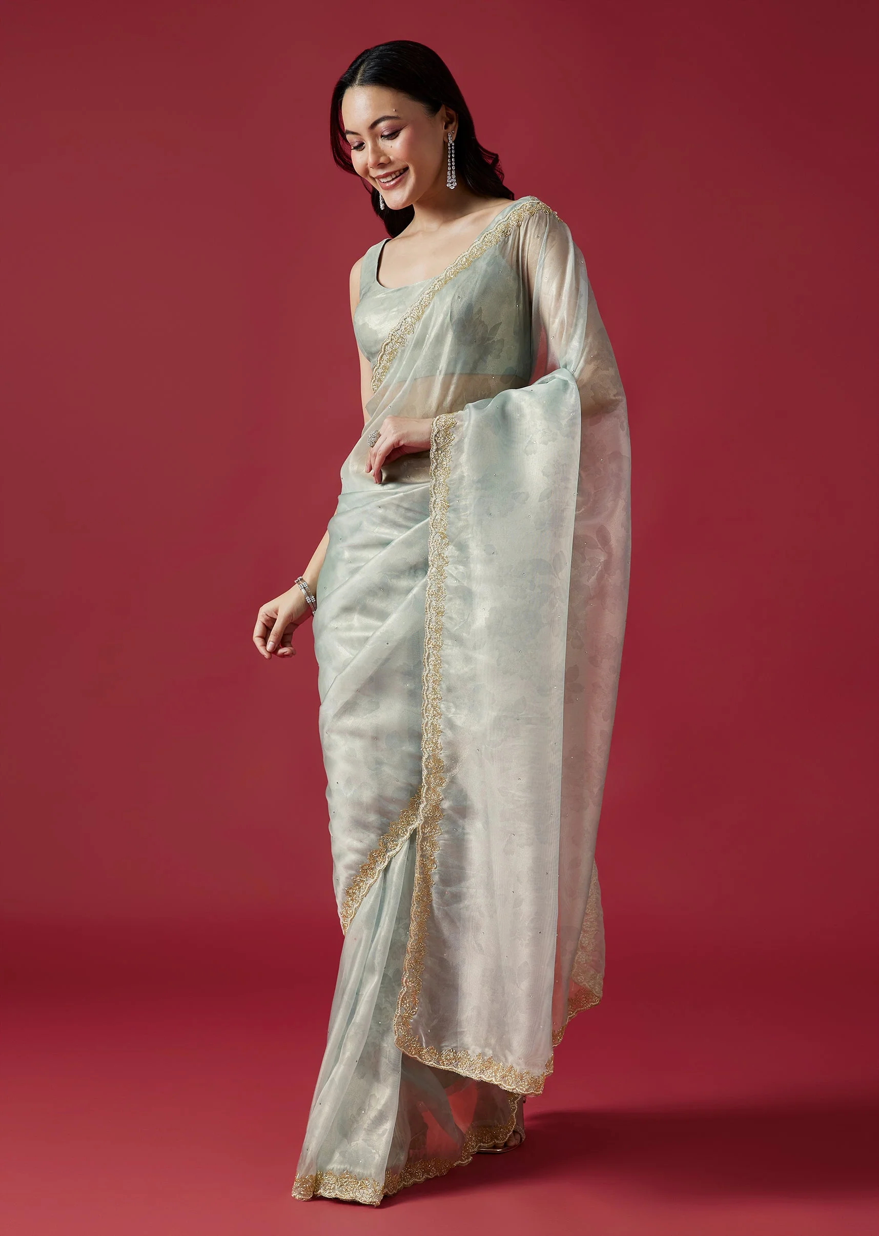 Sky Blue Embroidered Tissue Organza Saree With Scallop Border - Image 3