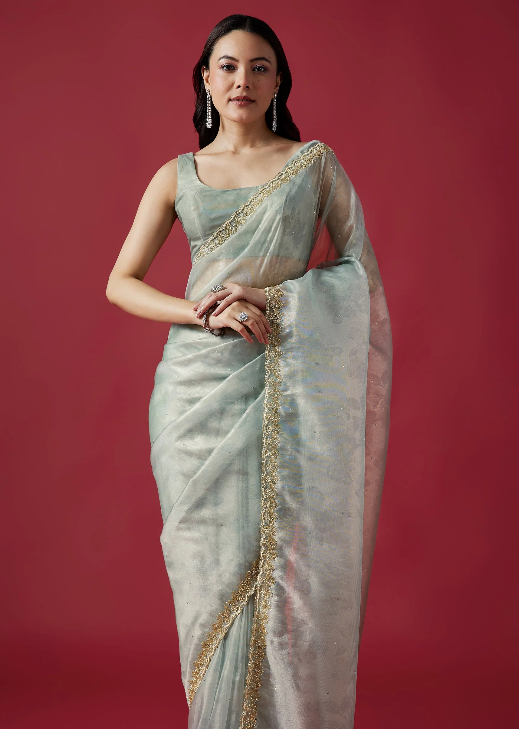 Sky Blue Embroidered Tissue Organza Saree With Scallop Border - Image 5