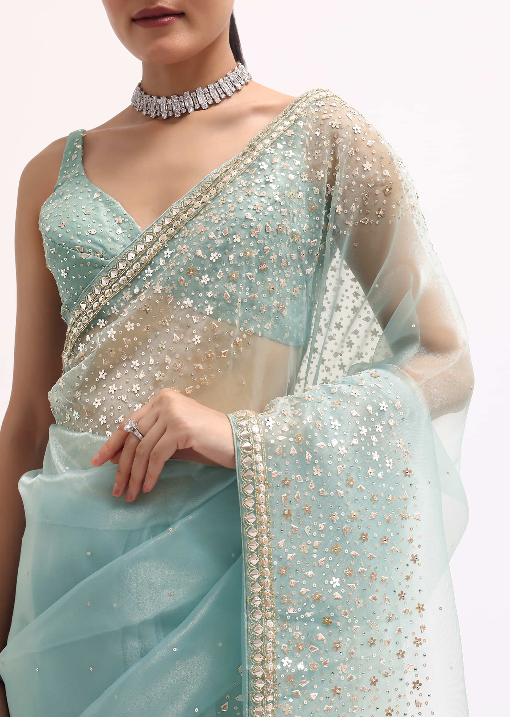 Sky Blue Embroidered Tissue Saree With Unstitched Blouse - Image 2
