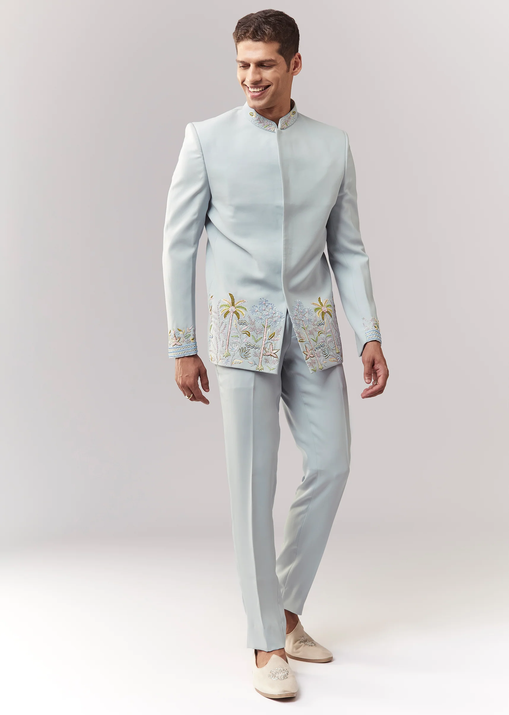 Sky Blue Festive Duo – Sequin Lehenga Set For Her And Blue Jodhpuri Set For Him - Image 4