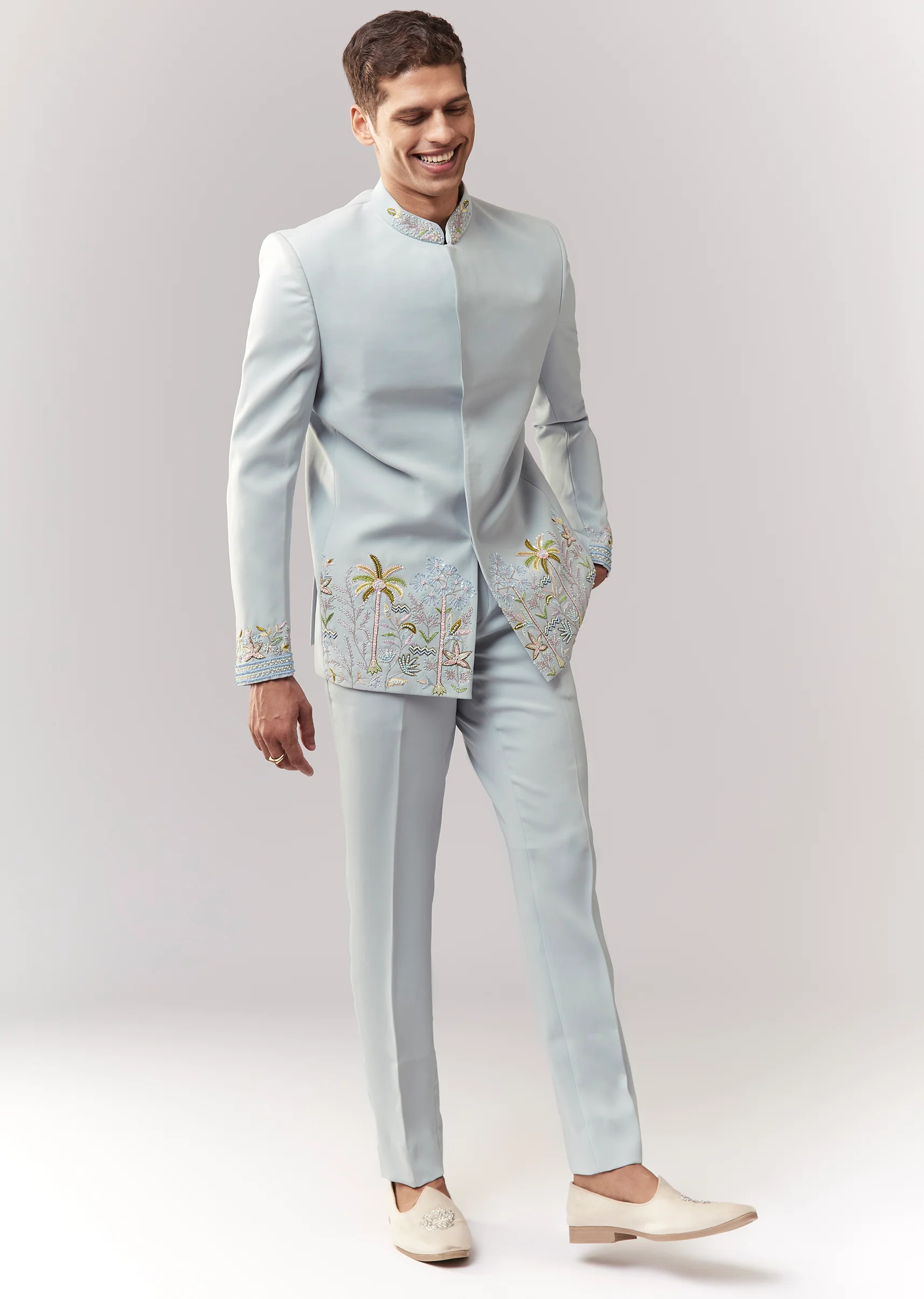 Sky Blue Festive Duo – Sequin Lehenga Set For Her And Blue Jodhpuri Set For Him - Image 6