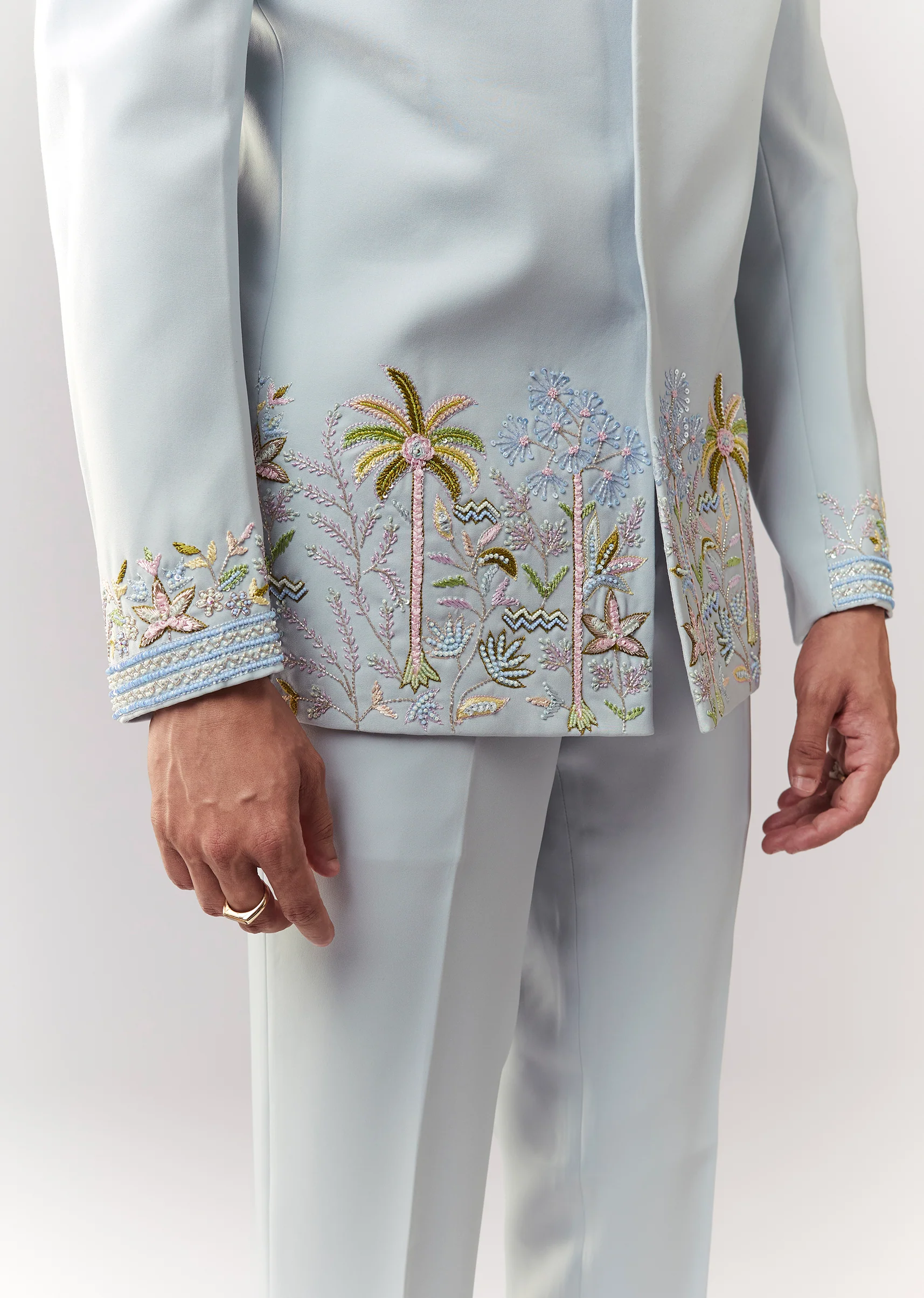 Sky Blue Festive Duo – Sequin Lehenga Set For Her And Blue Jodhpuri Set For Him - Image 8