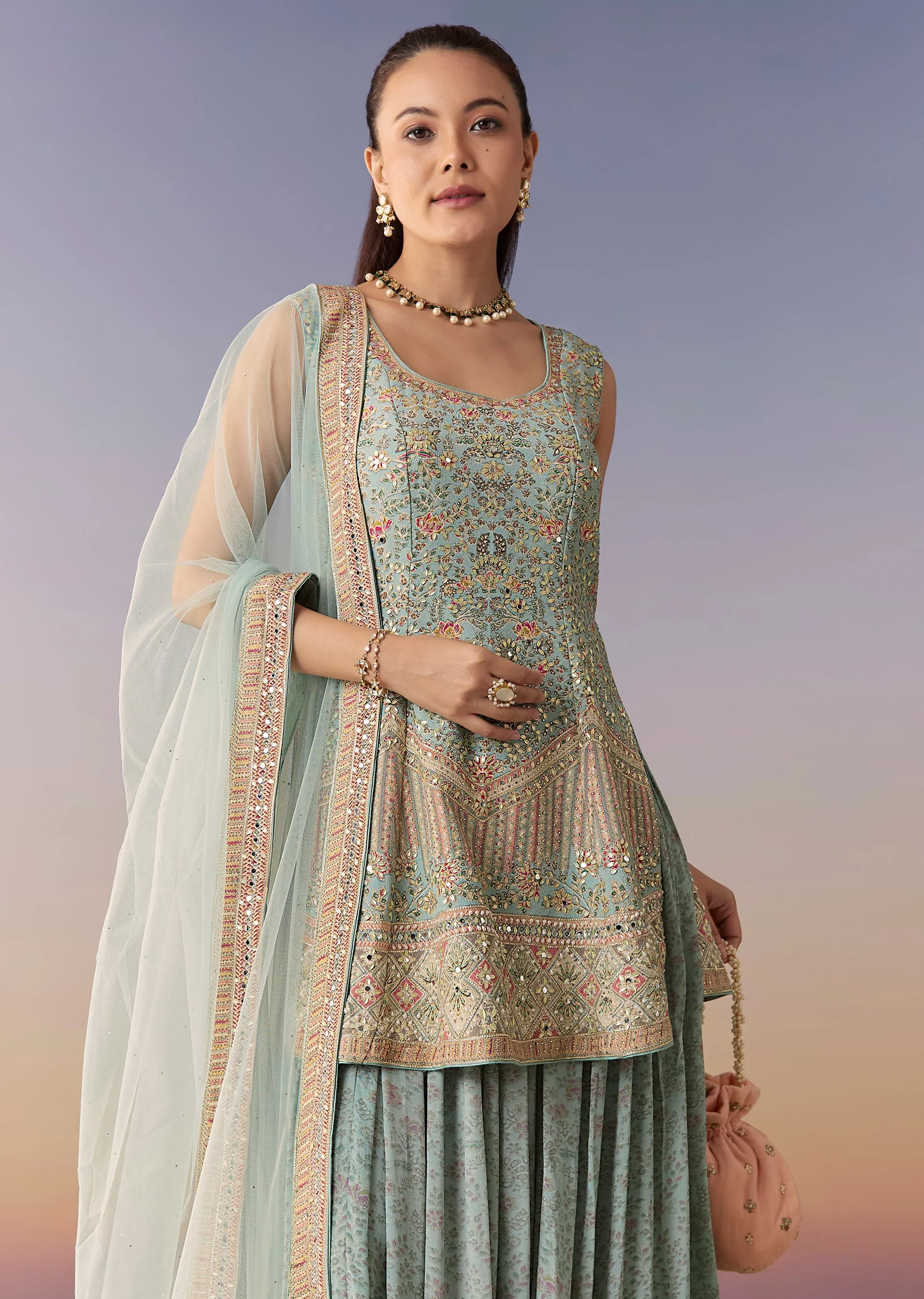 Sky Blue Floral Embellished Palazzo Set With Dupatta - Image 4