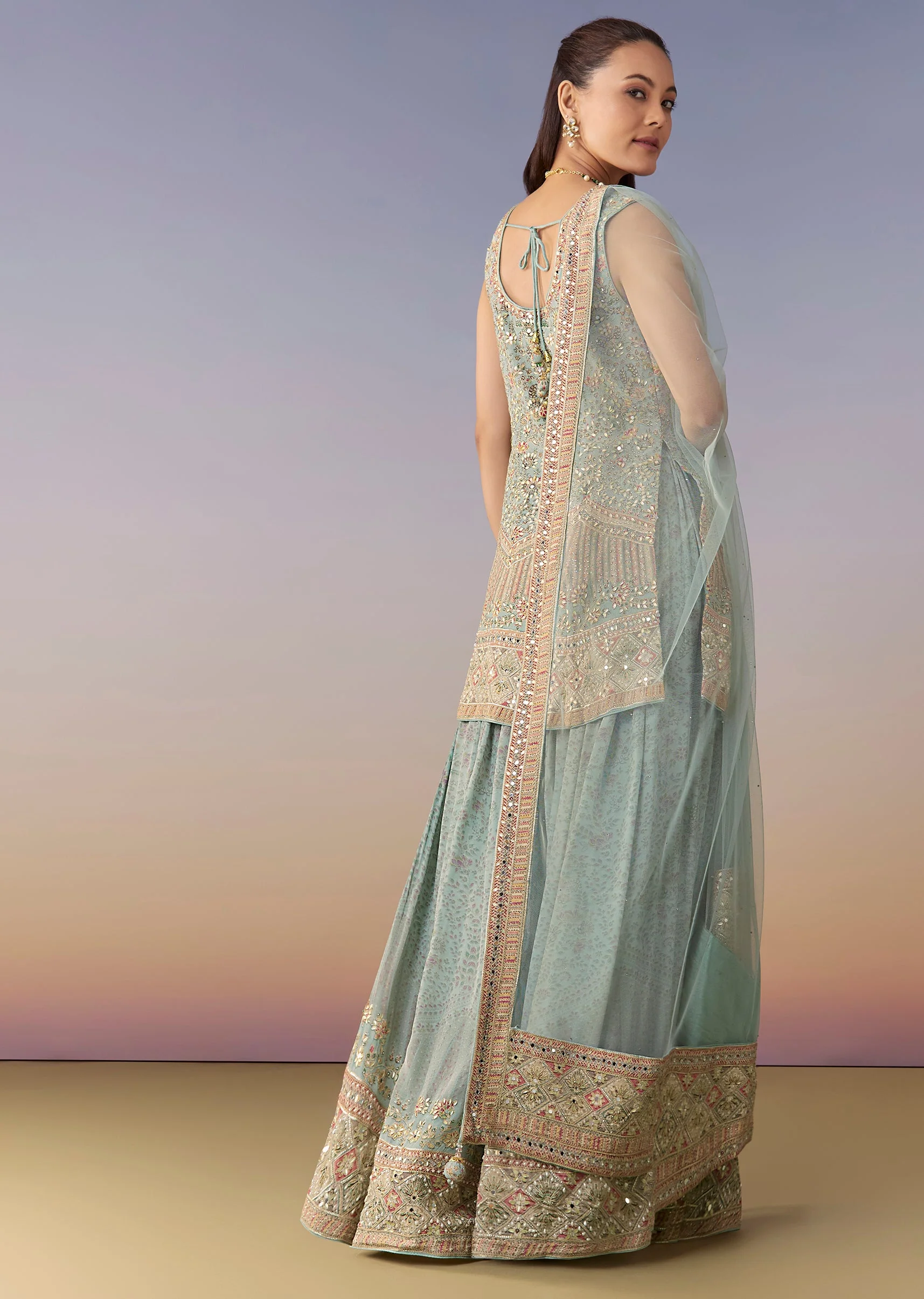 Sky Blue Floral Embellished Palazzo Set With Dupatta - Image 5