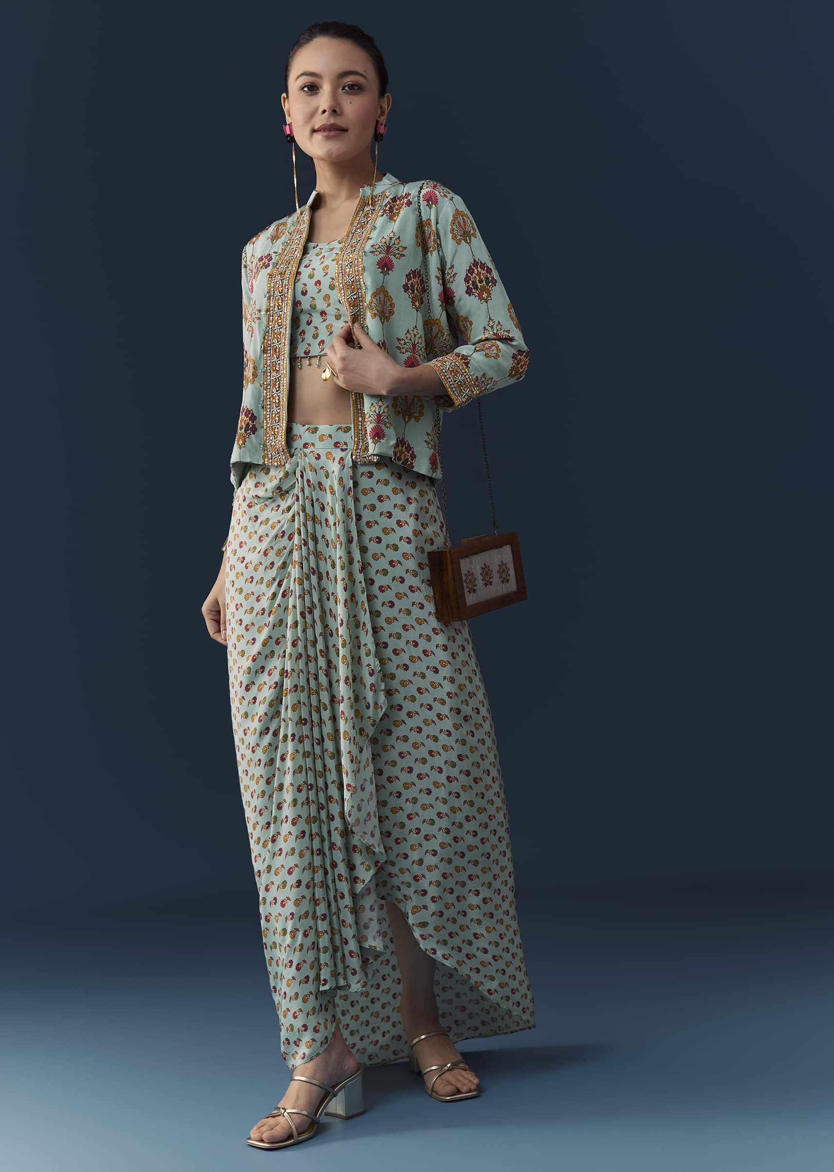 Sky Blue Floral Print Crop Top Skirt Set with Sequins Work Jacket - Image 3