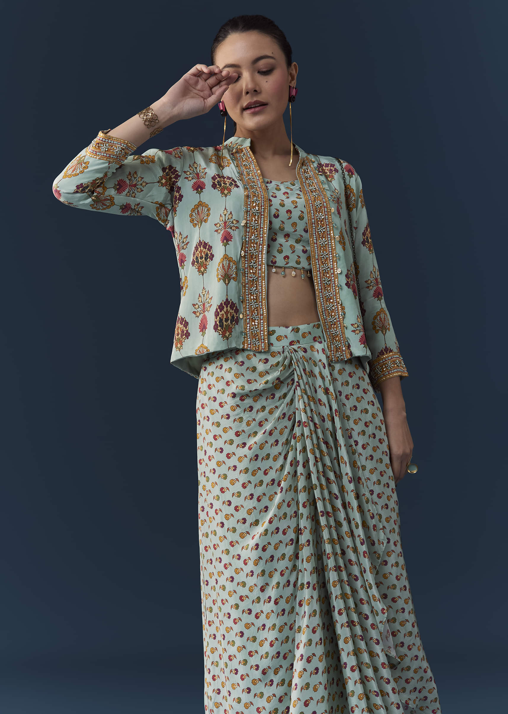 Sky Blue Floral Print Crop Top Skirt Set with Sequins Work Jacket - Image 4