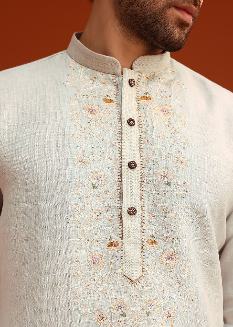Sky Blue Kurta Set With Floral Thread Embroidery - Image 3