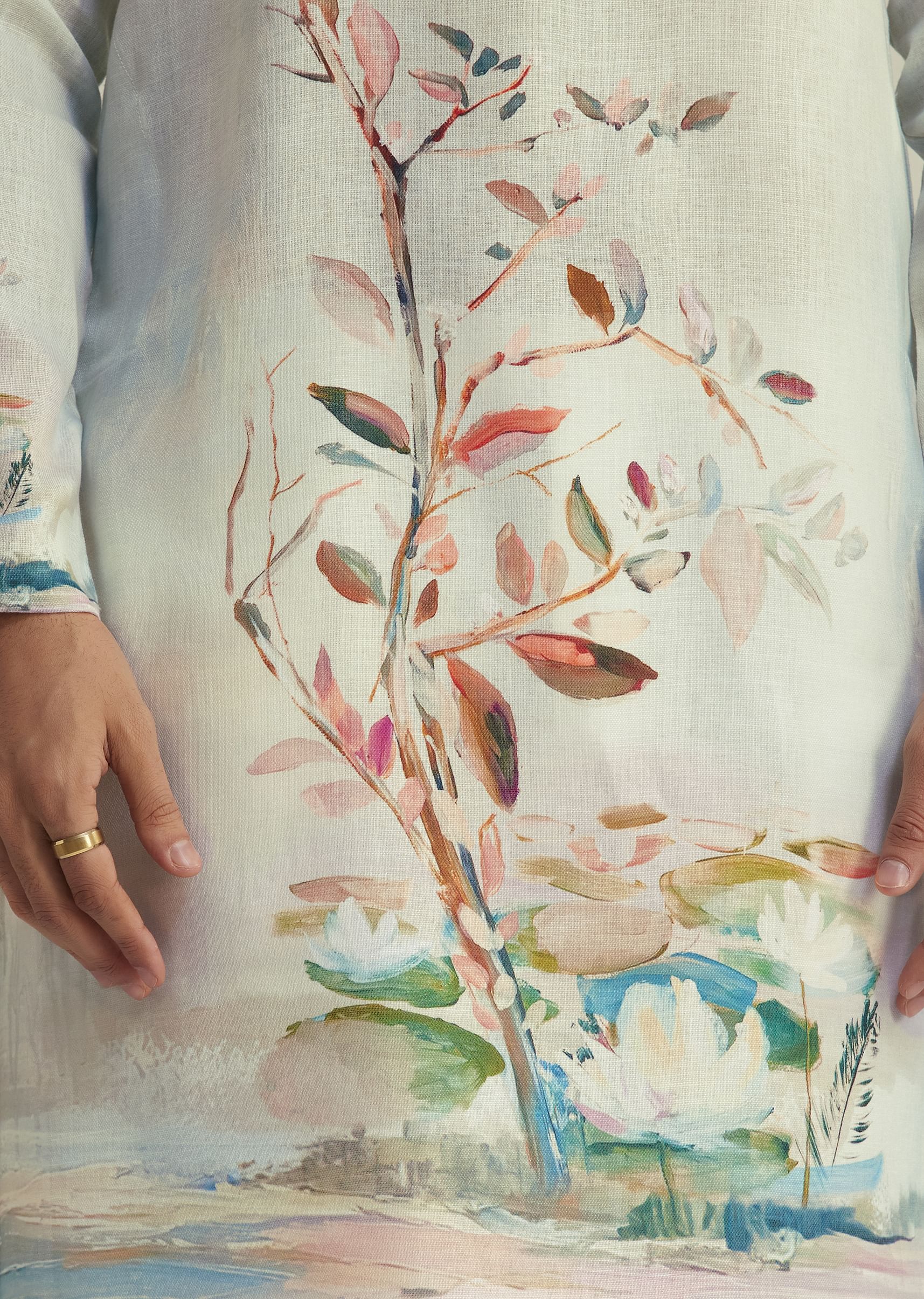 Sky Blue Linen Kurta With Floral Print - Image 2