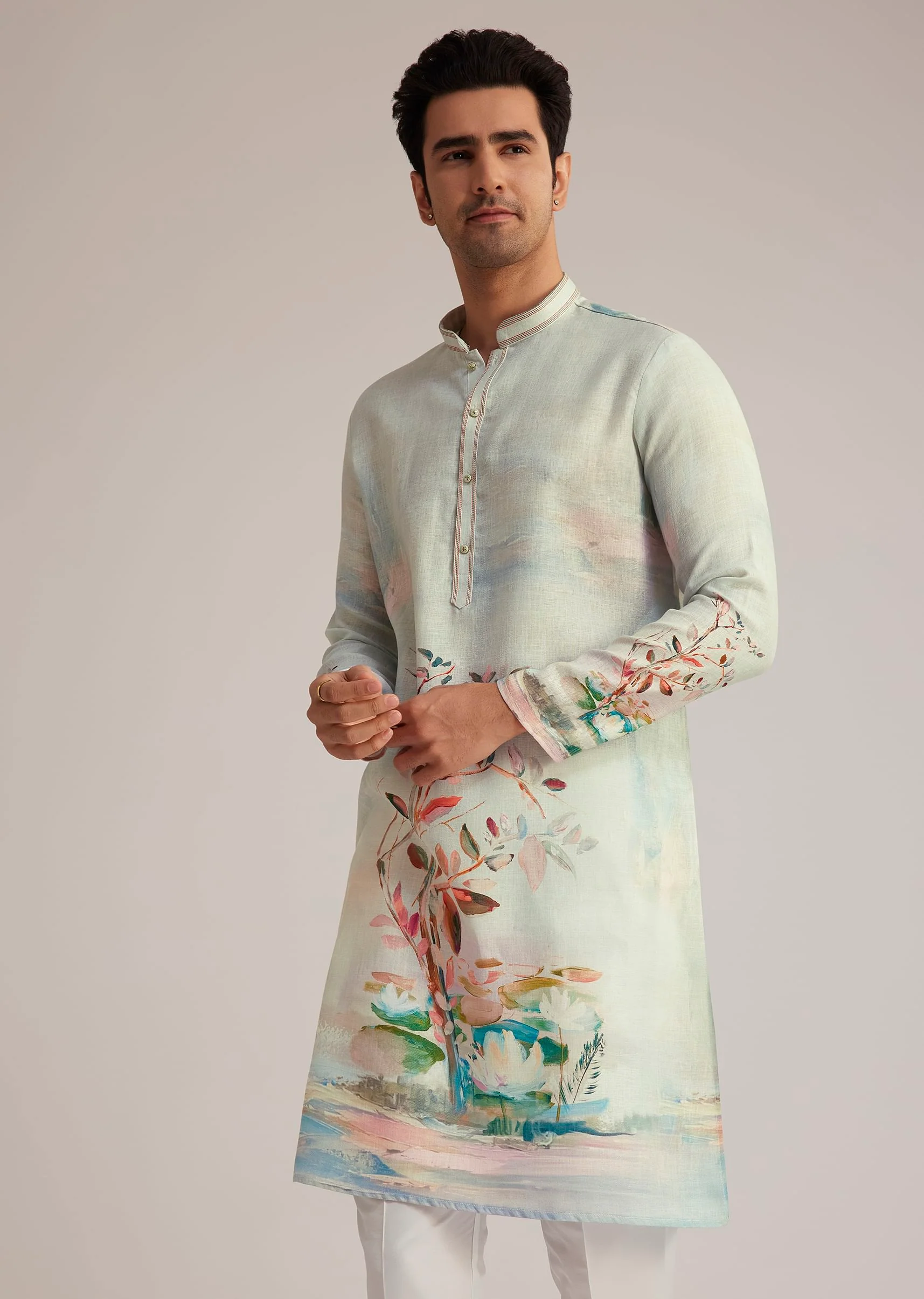 Sky Blue Linen Kurta With Floral Print - Image 4