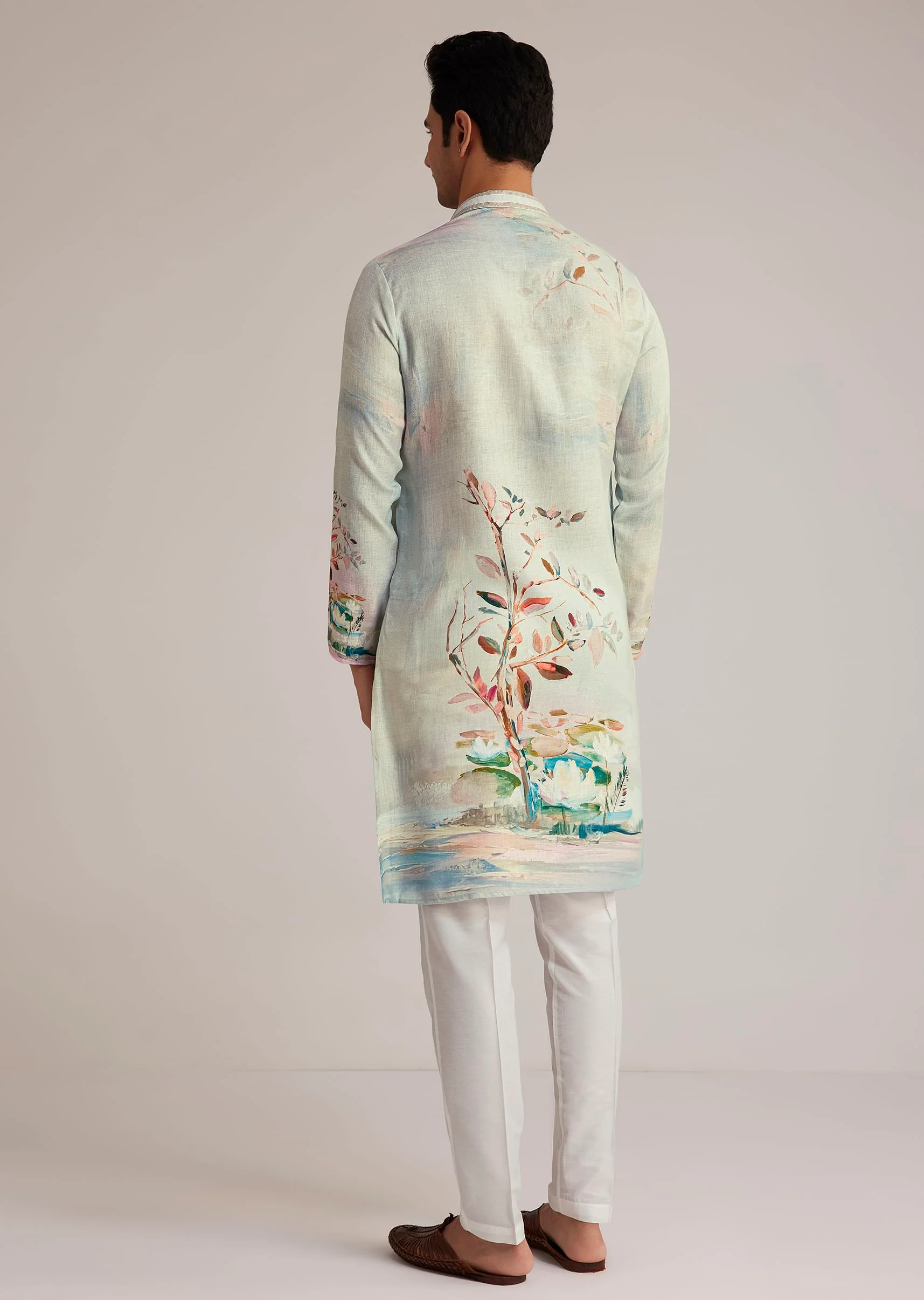 Sky Blue Linen Kurta With Floral Print - Image 5