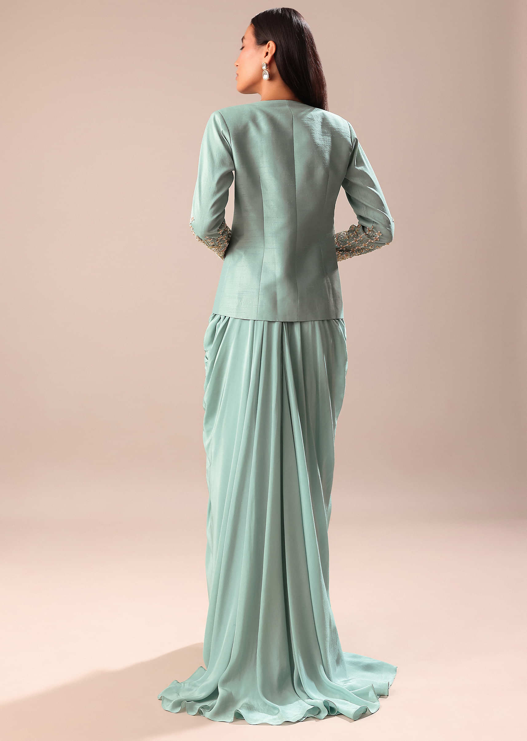 Sky Blue Draped Skirt With Embroidered Blouse And Jacket - Image 5
