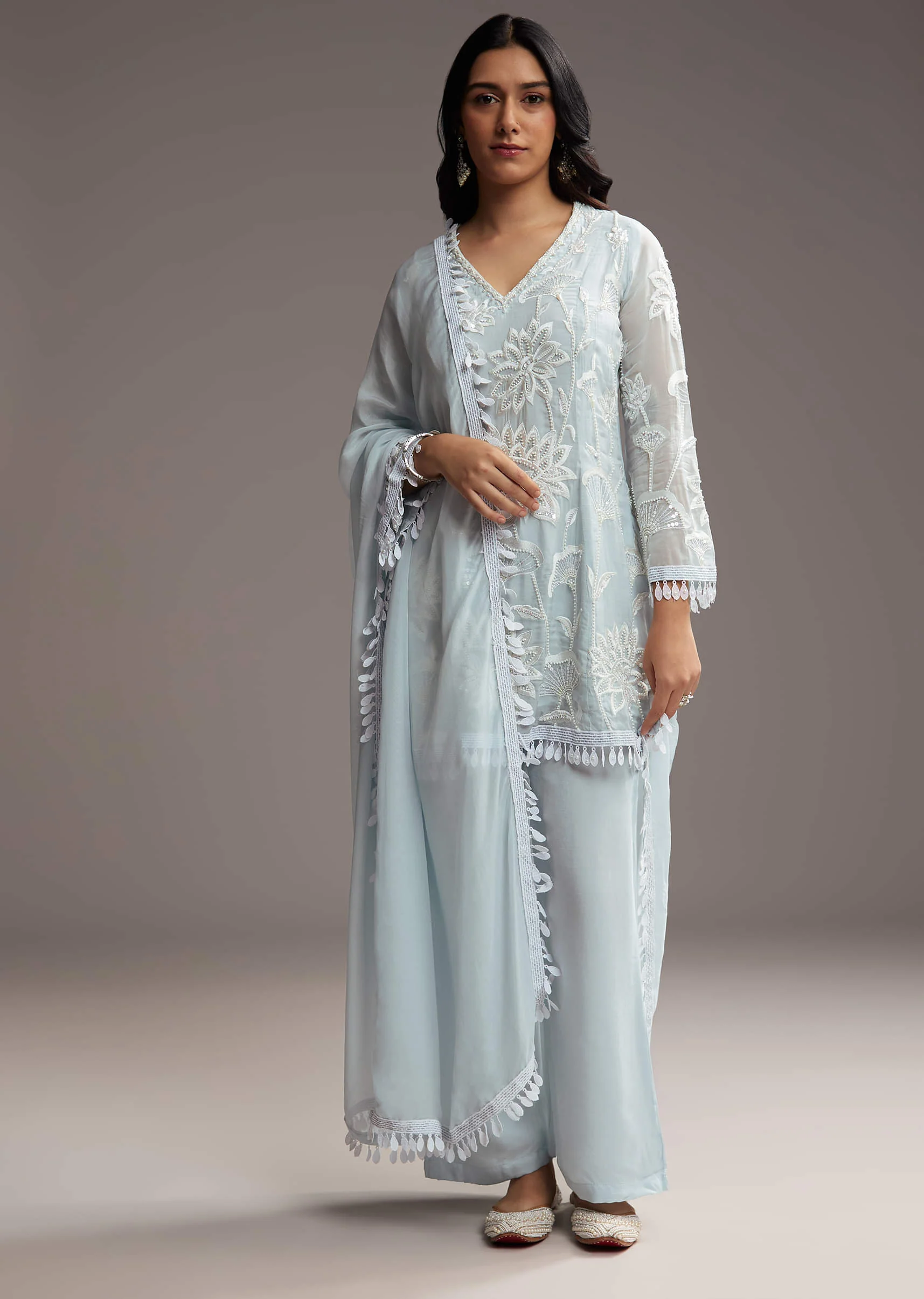 Sky Blue Organza Kurta Set With Resham Work - Image 4