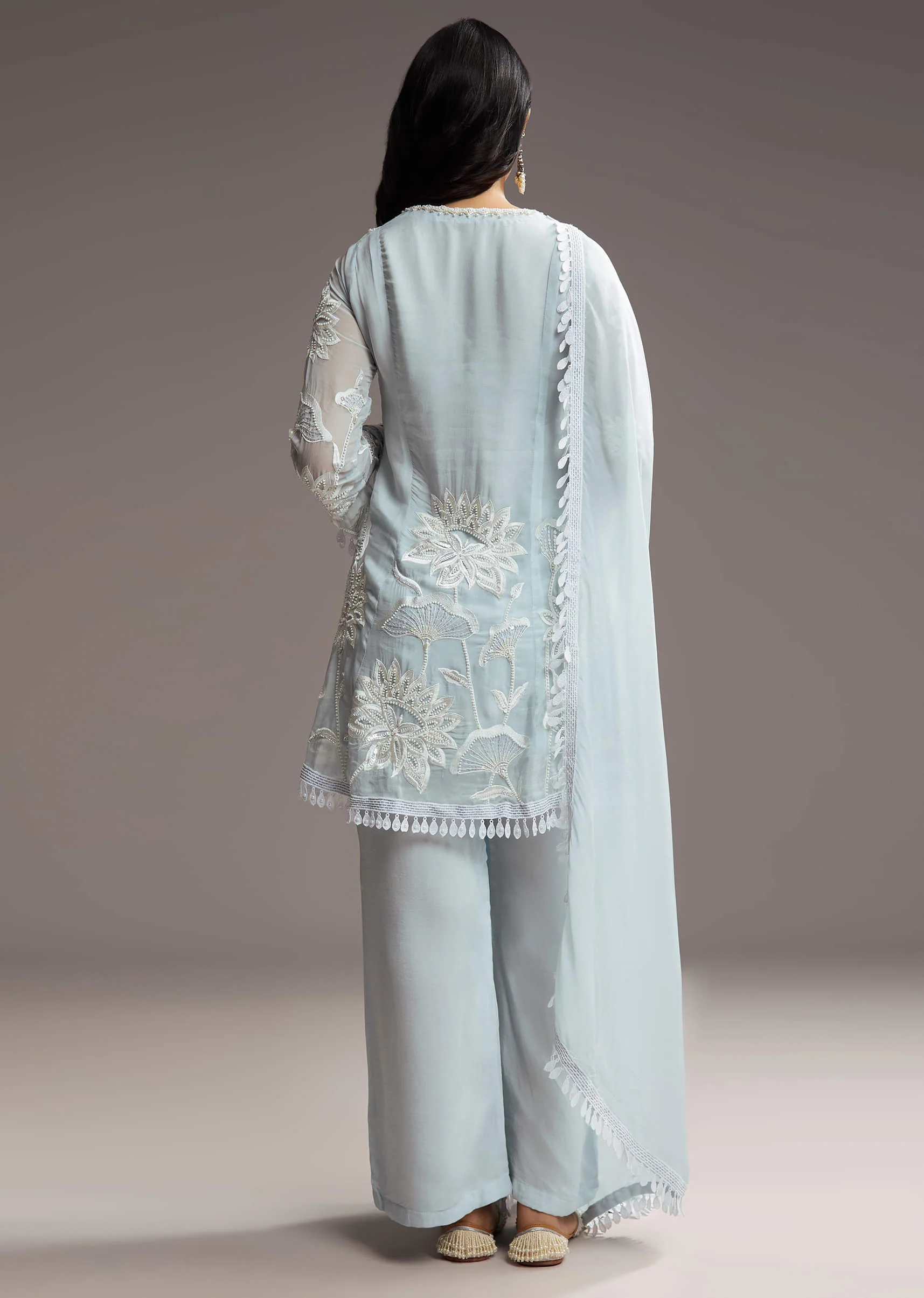 Sky Blue Organza Kurta Set With Resham Work - Image 5