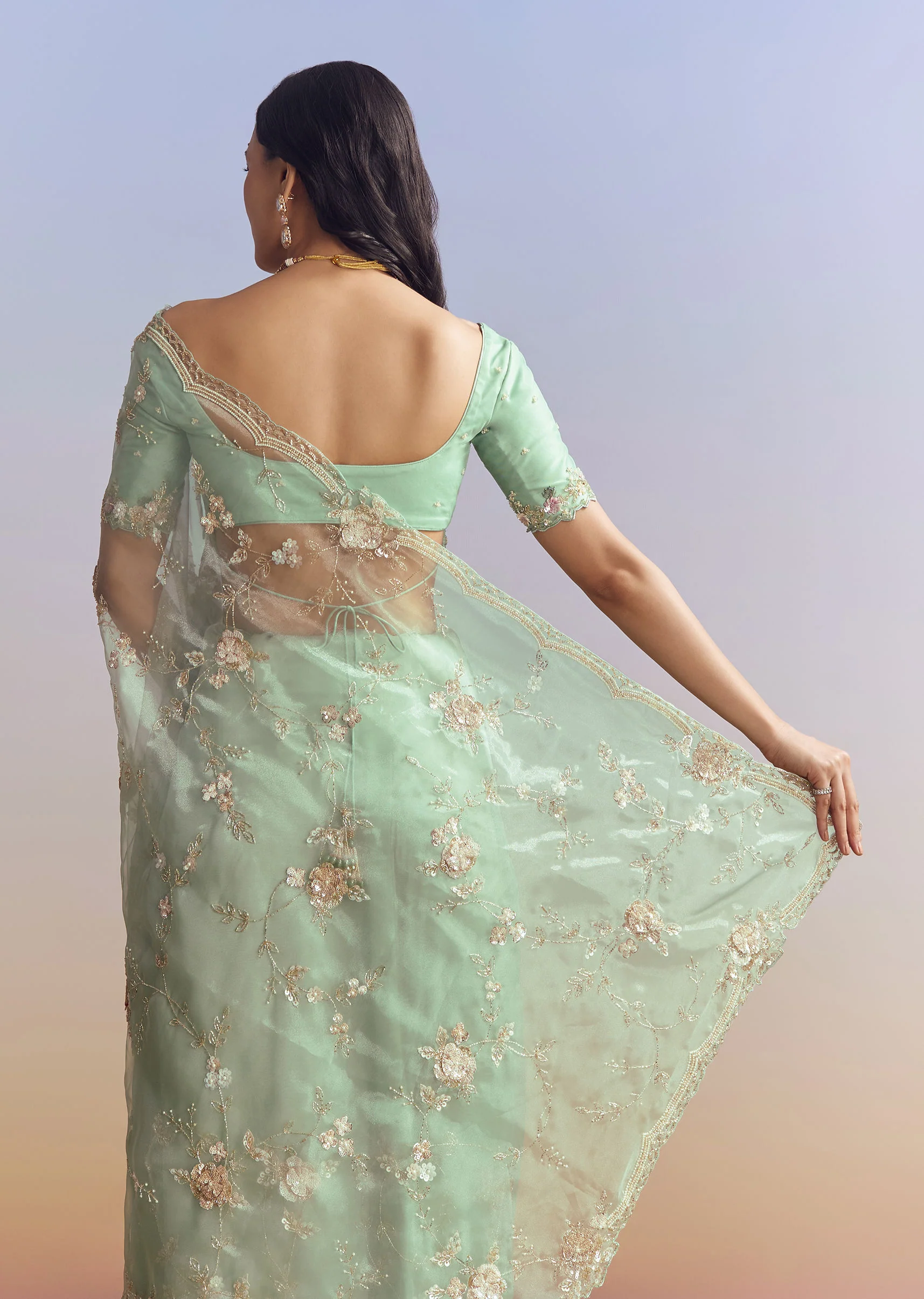 Sky Blue Organza Saree With Floral Jaal Embroidery - Image 4