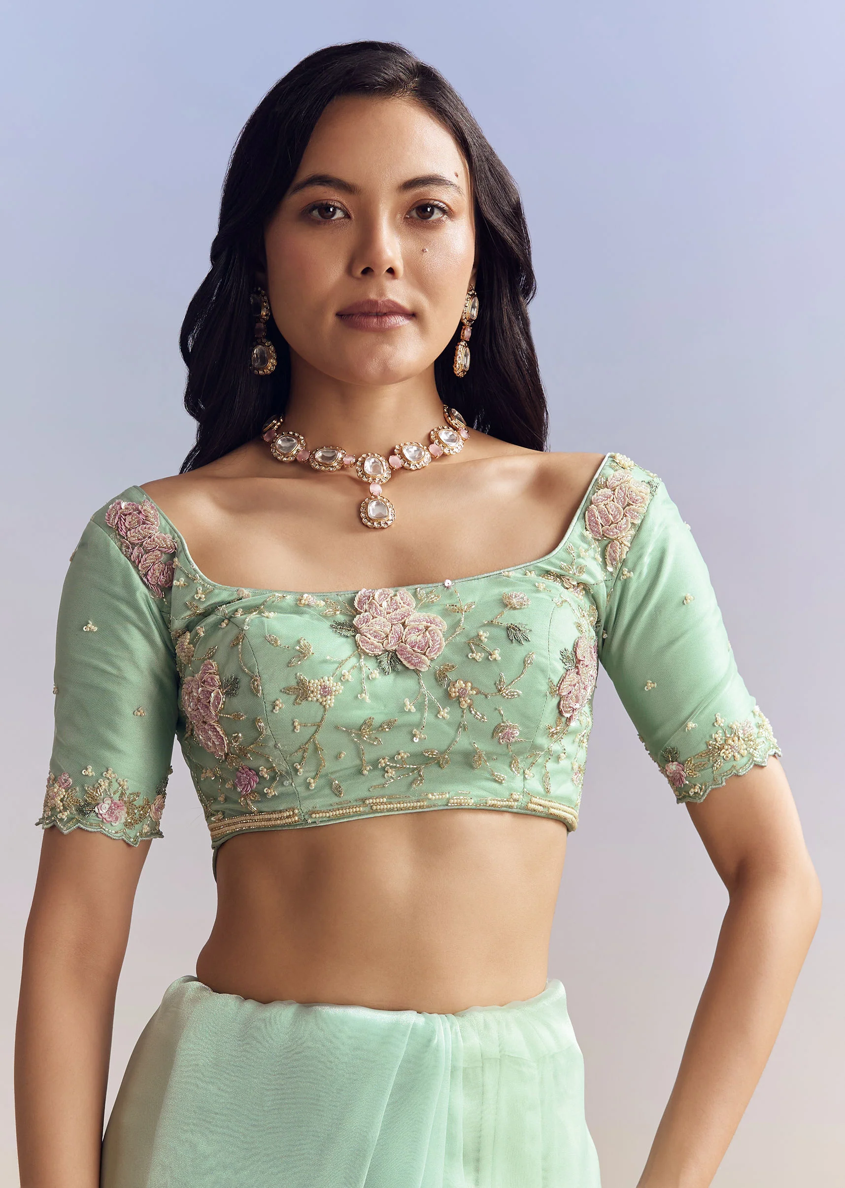 Sky Blue Organza Saree With Floral Jaal Embroidery - Image 7