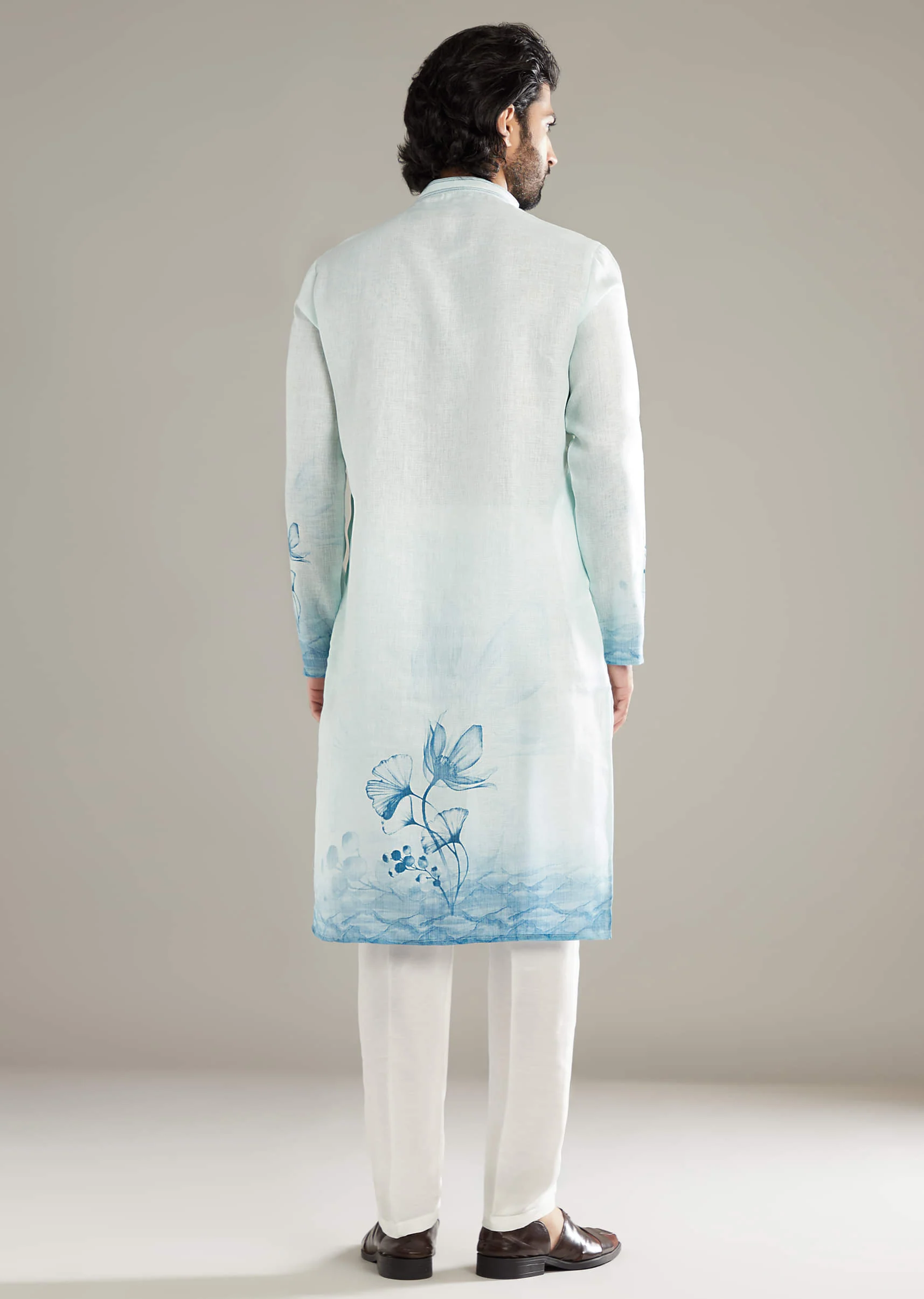 Sky Blue Printed Kurta Set For Men With Floral Motifs - Image 3