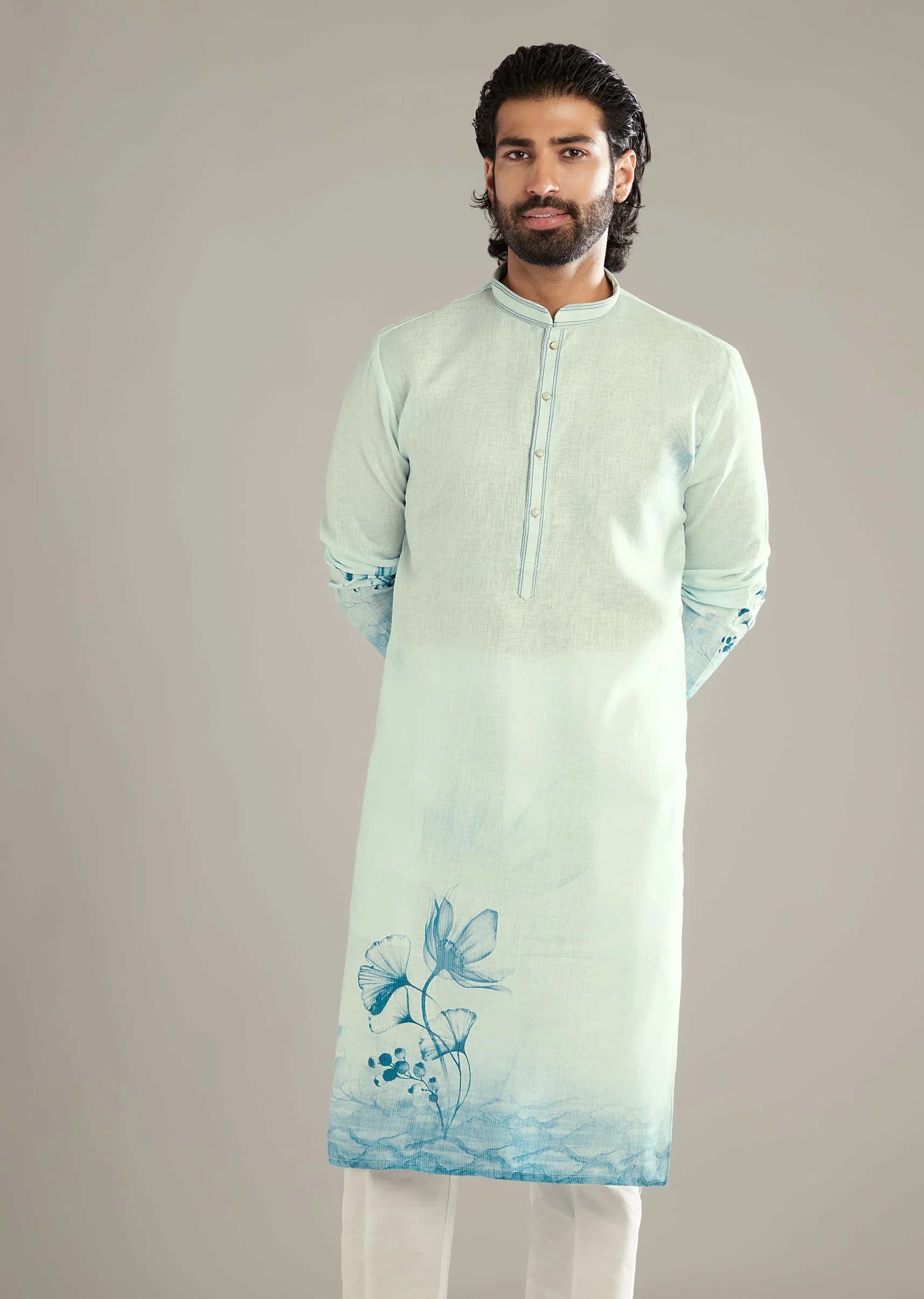 Sky Blue Printed Kurta Set For Men With Floral Motifs - Image 4
