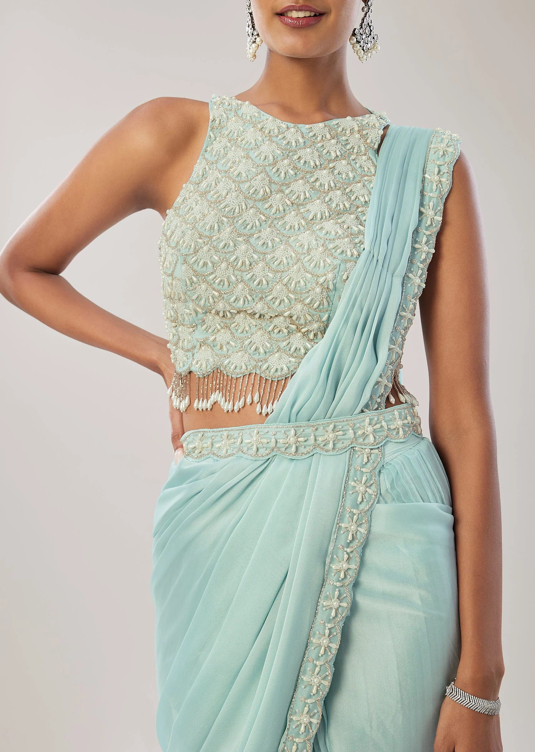 Sky Blue Ready Pleated Saree With Belt - Image 2