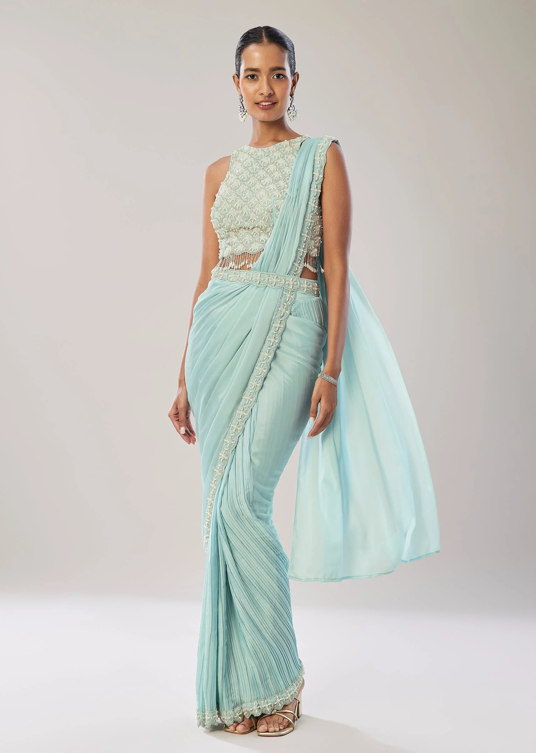 Sky Blue Ready Pleated Saree With Belt - Image 3