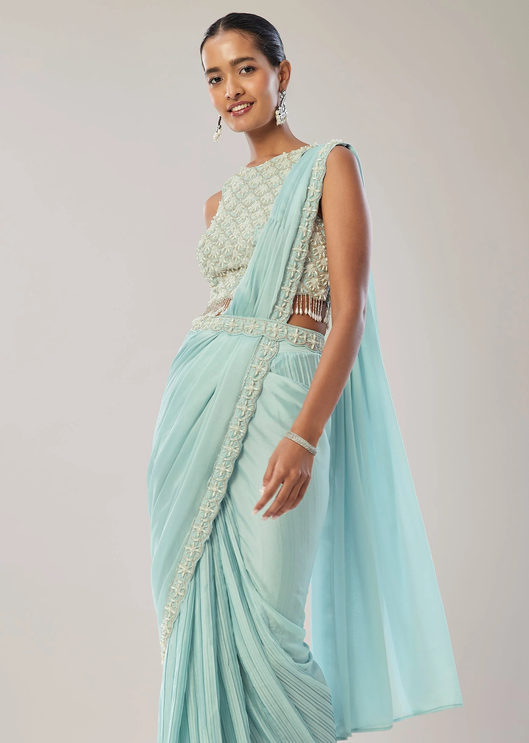 Sky Blue Ready Pleated Saree With Belt - Image 4