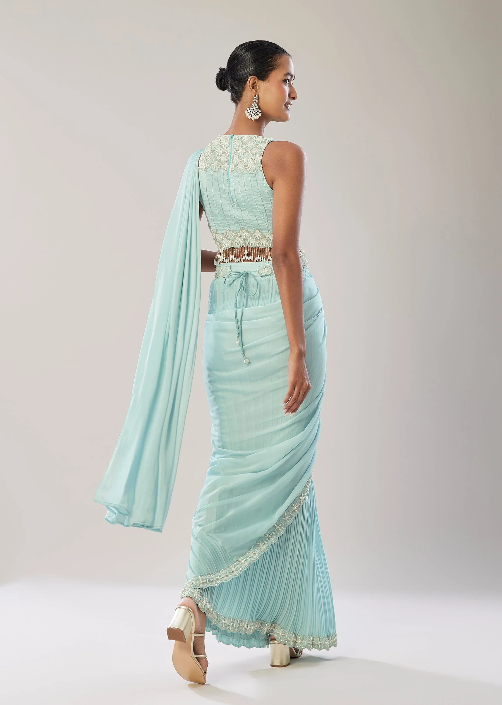 Sky Blue Ready Pleated Saree With Belt - Image 5