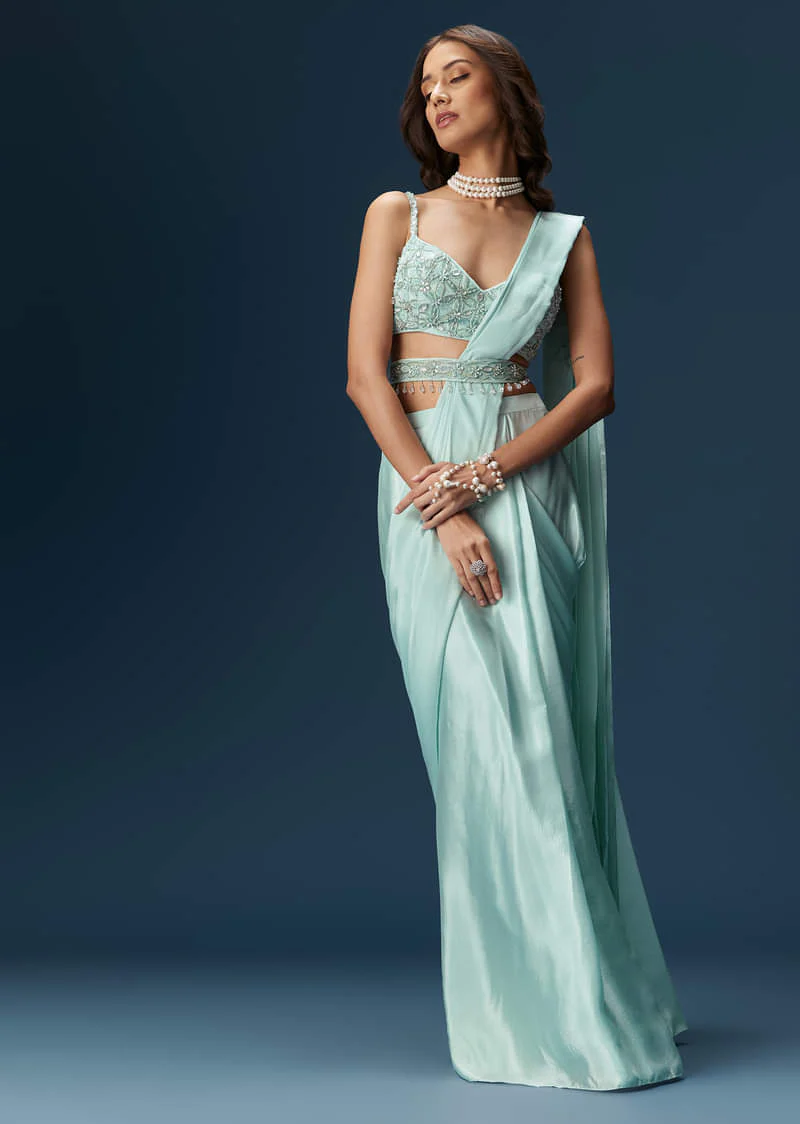 Sky Blue Ready Pleated Saree With Blouse And Belt