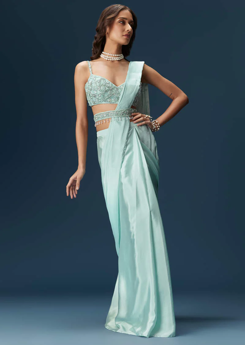 Sky Blue Ready Pleated Saree With Blouse And Belt - Image 5