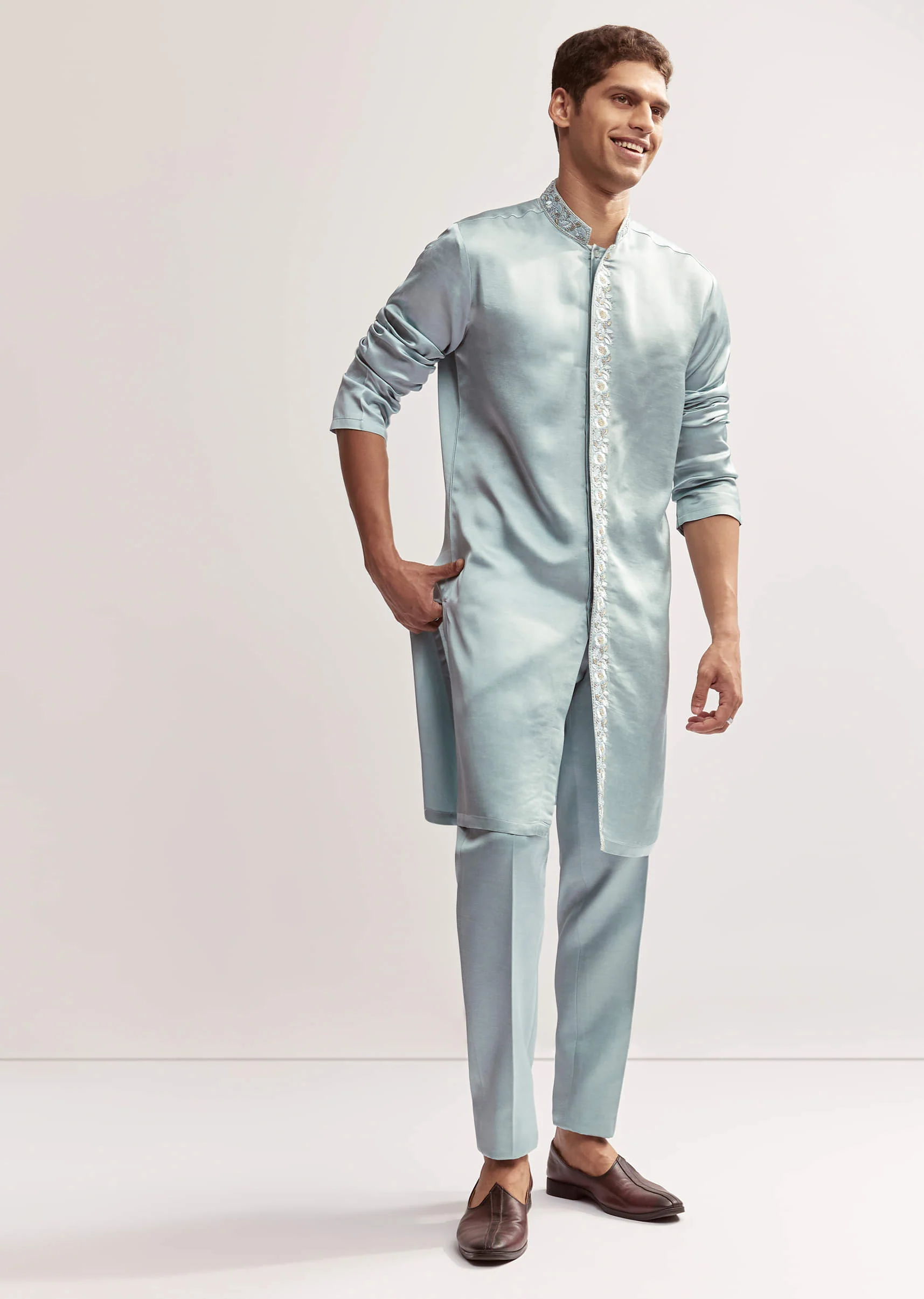 Sky Blue Satin Blend Kurta Set For Men With Zardosi Hand Embroidery - Image 3